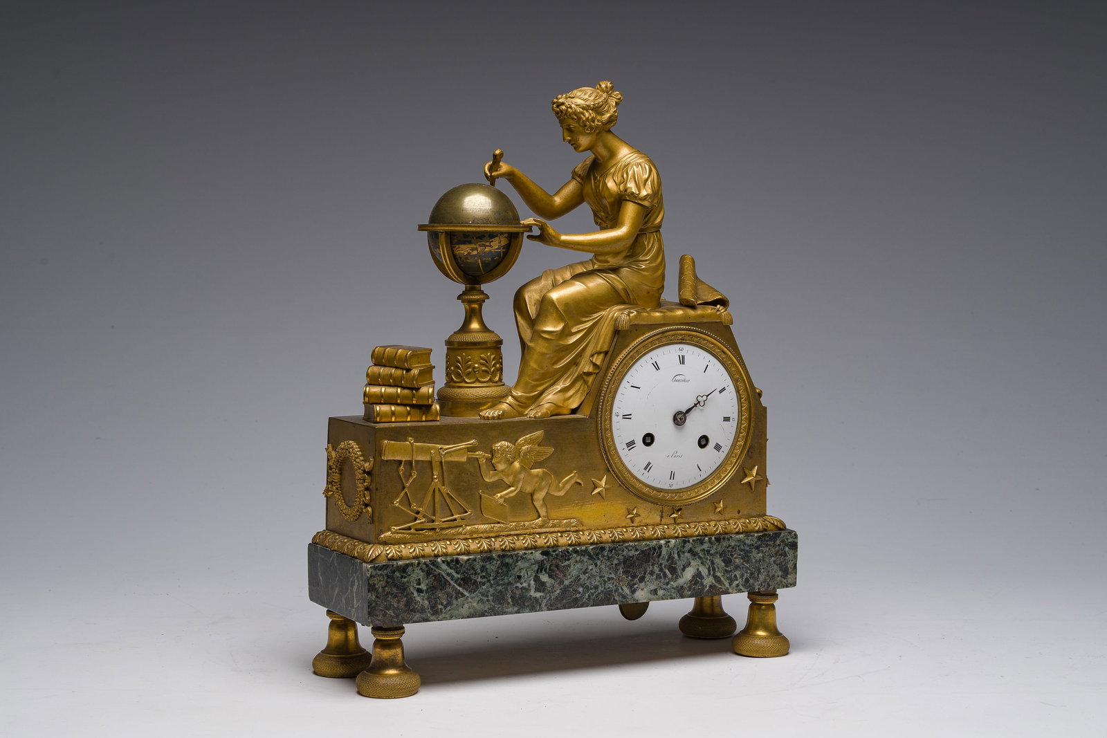 A French Empire gilt bronze and vert de mer marble mantel clock crowned with 'L'etude de (1 of 13)