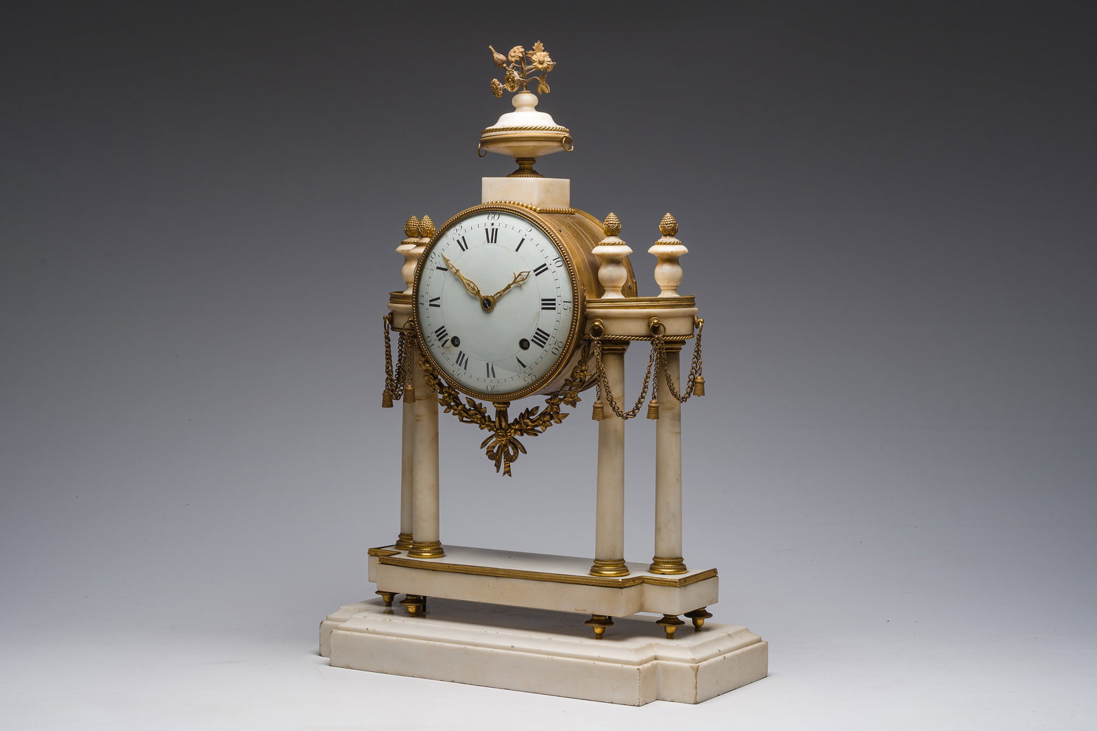A French Louis XVI white marble and gilt bronze portico clock, 18th/19th C. (1 of 9)