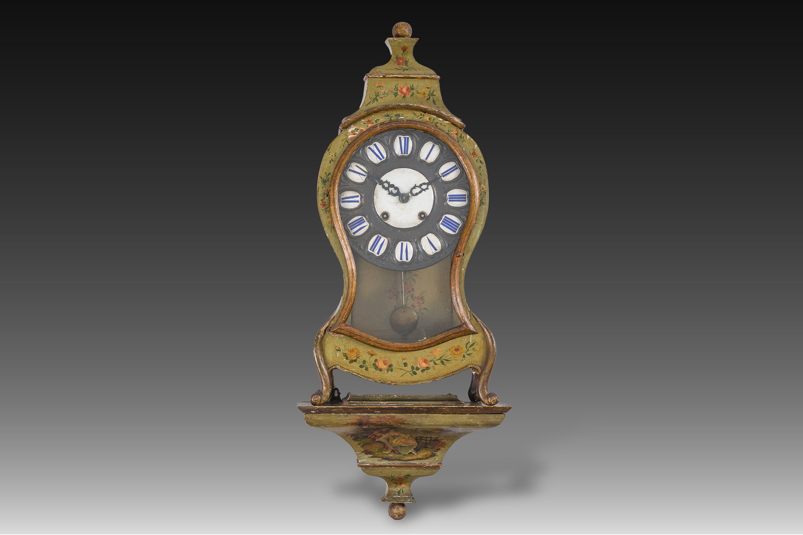 A French Louis XV style wooden 'Vernis Martin' cartel clock and console with floral design and a (1 of 11)