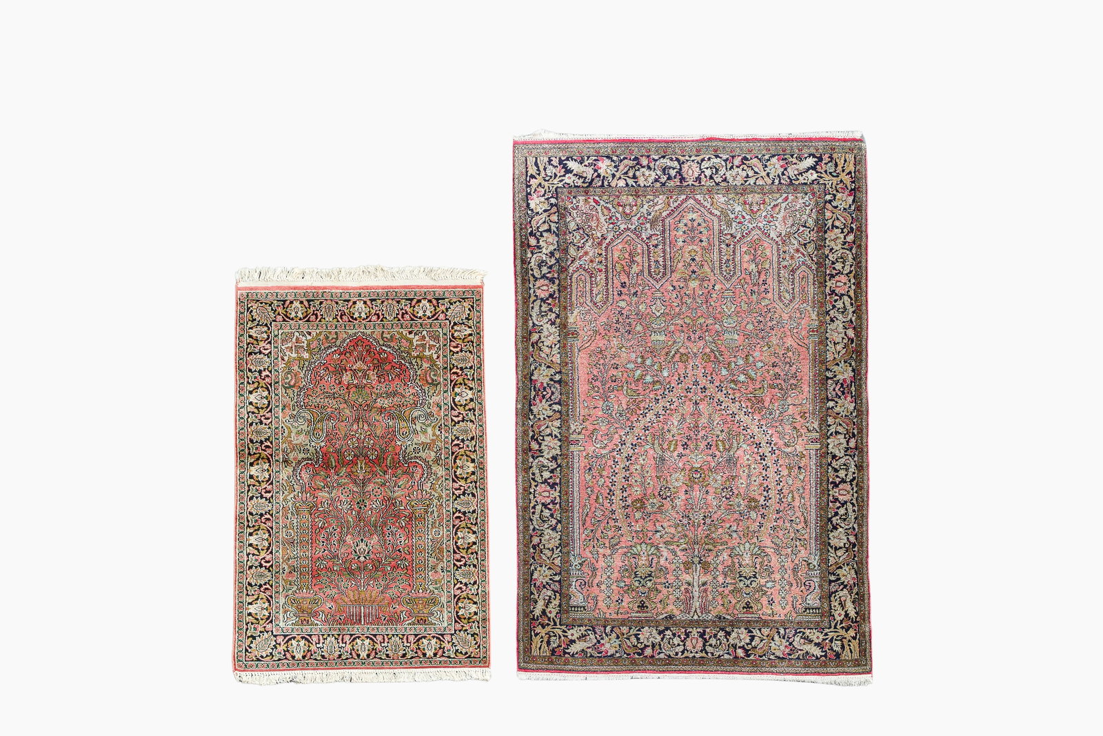 Two Persian silk Kashmir and Qom (Qum/Ghom) rugs with floral design, 20th C. (1 of 6)