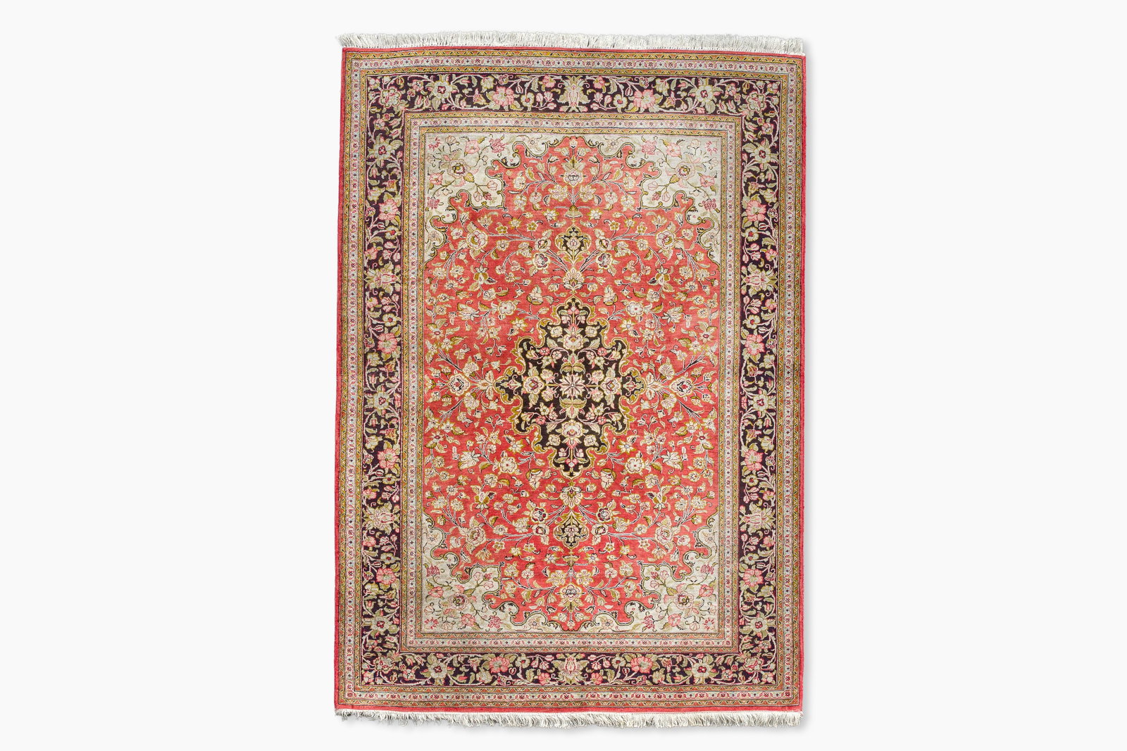 A Persian Qom (Qum/Ghom) silk rug with floral design, 20th C. (1 of 5)