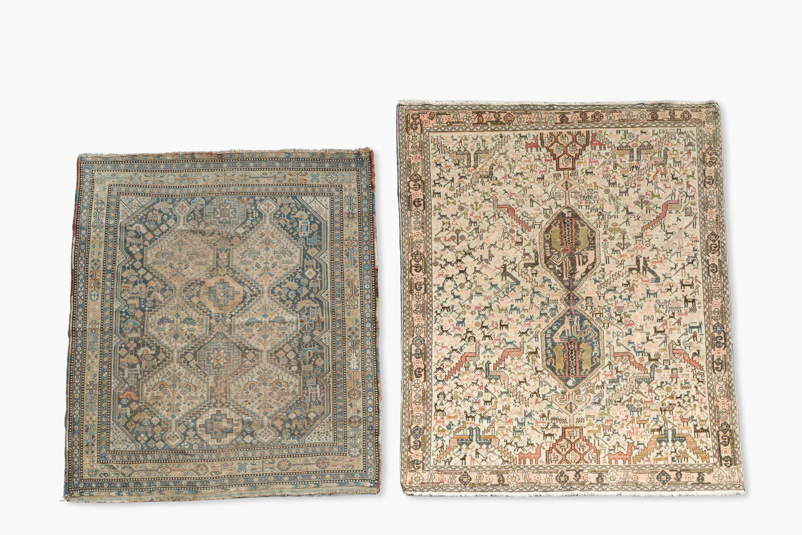 Two Persian Afshar and Qashqai rugs with geometric design of animals and flowers, wool on cotton, (1 of 8)