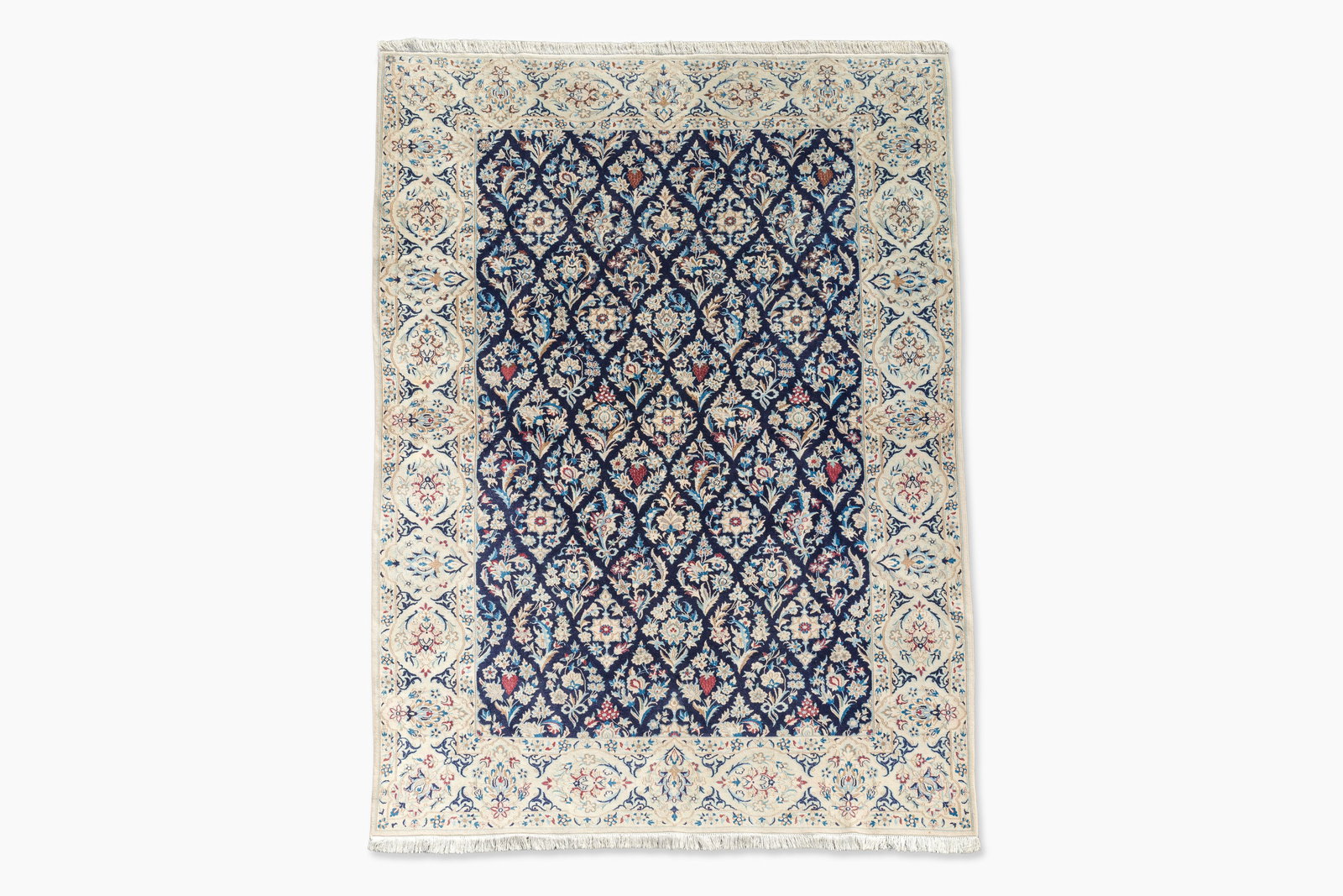 A Persian Nain rug with floral design, wool and silk on cotton, 20th C.: A Persian Nain rug with floral design, wool and silk on cotton, 20th C. 317 x 216 cm