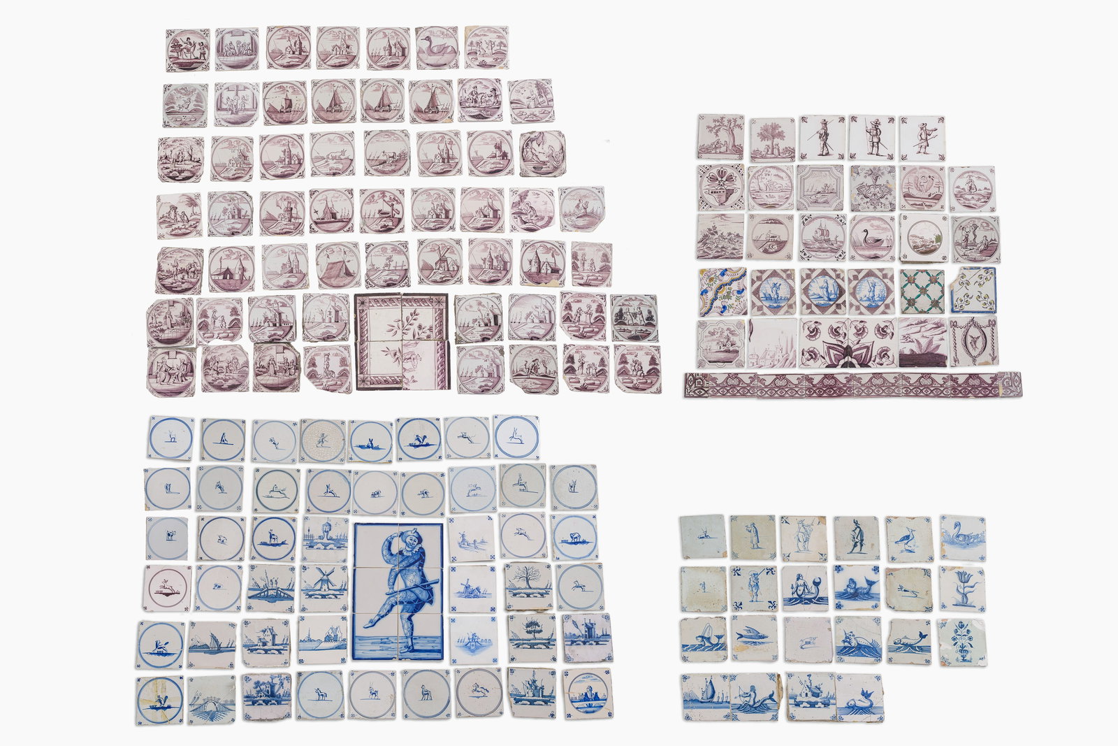 172 blue, white and manganese Delft tiles with various subjects, The Netherlands, 17th/19th C. (1 of 5)