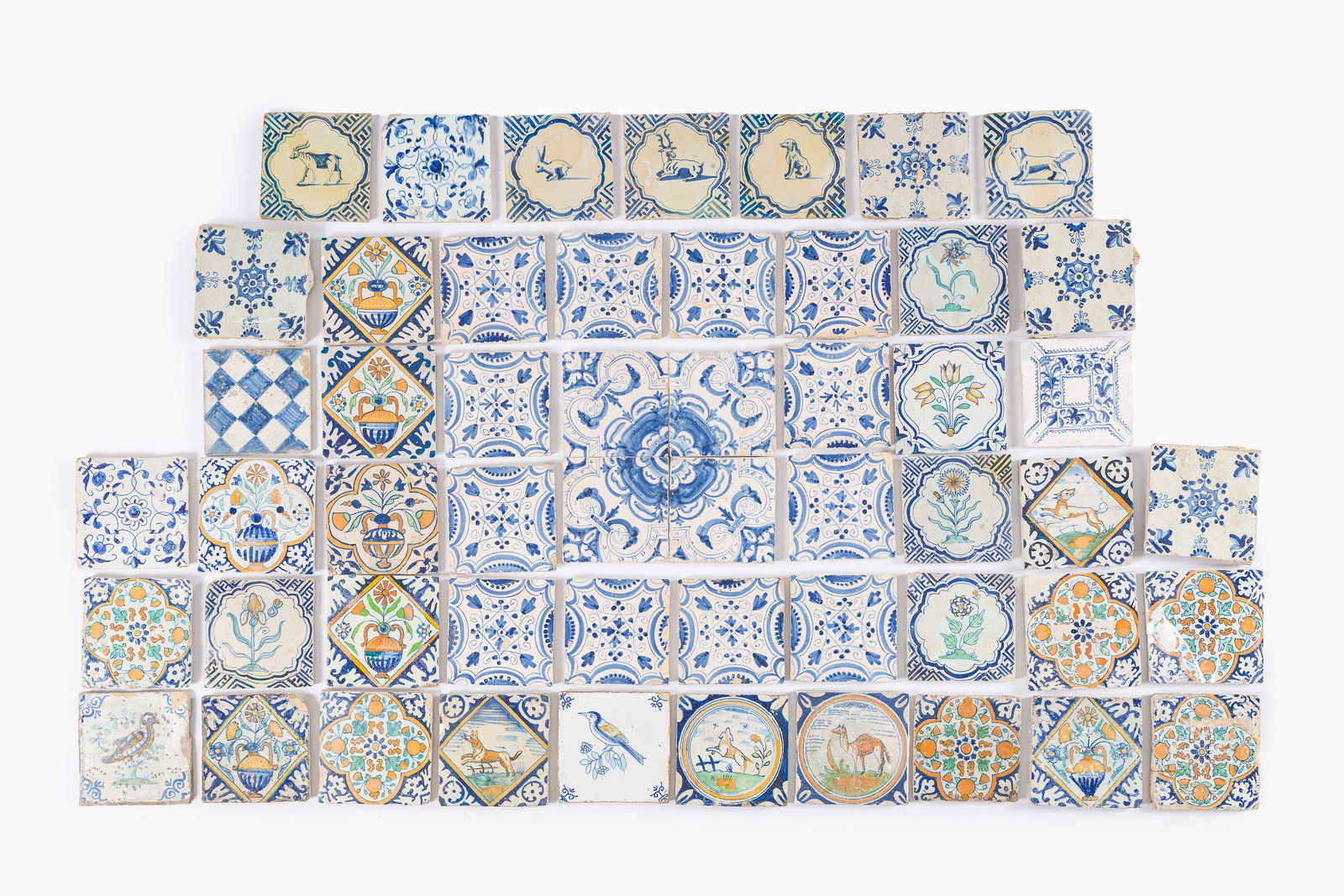 53 blue, white and polychrome Dutch Delft tiles with animals, flowers and ornamental designs, The (1 of 2)