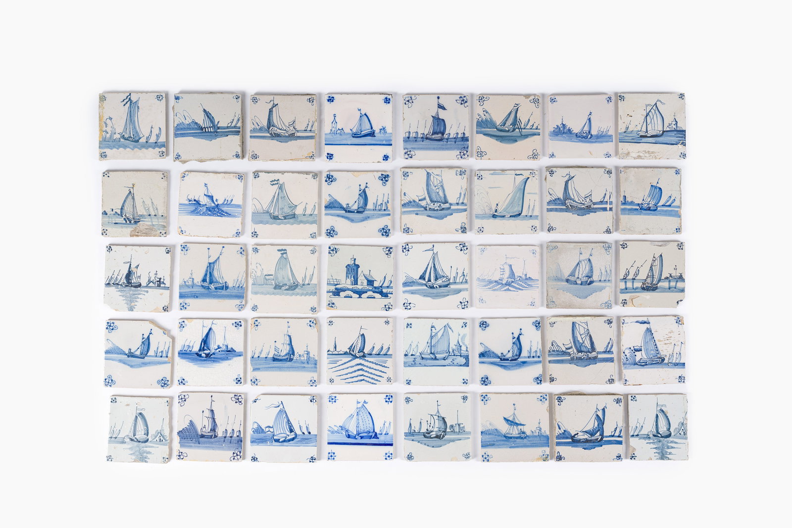 40 blue and white Dutch Delft tiles with ships, The Netherlands, 17th/18th C. (1 of 1)