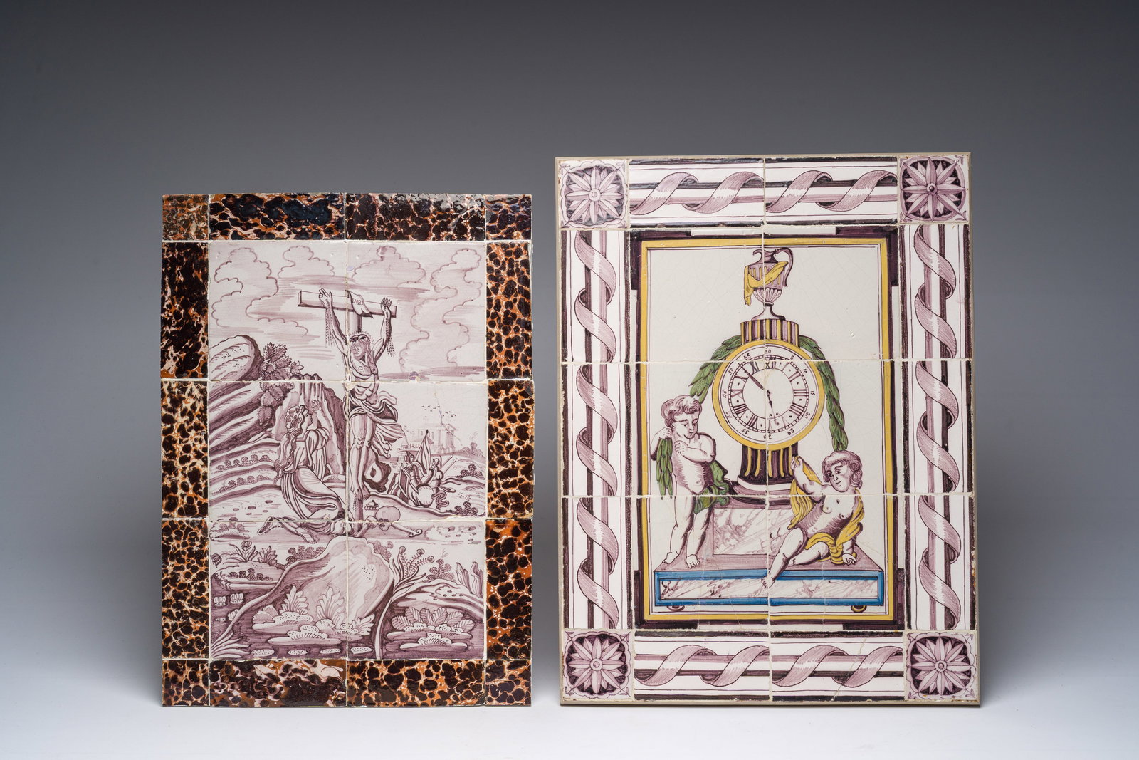 A polychrome Dutch Delft 'clock' tile mural and a manganese 'Crucifixion' tile mural, The (1 of 4)