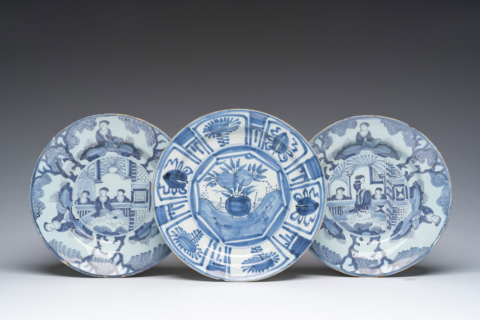 Three Dutch Delft blue and white chinoiserie plates, 17th/18th C. (1 of 3)