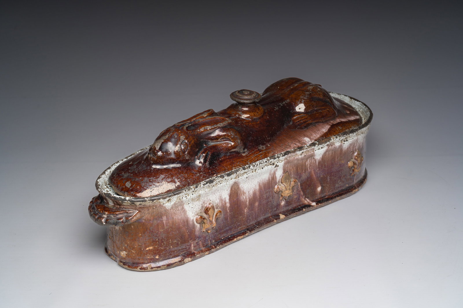 A brown glazed pottery tureen for hare's pâte, west of France, 19th C. (1 of 11)