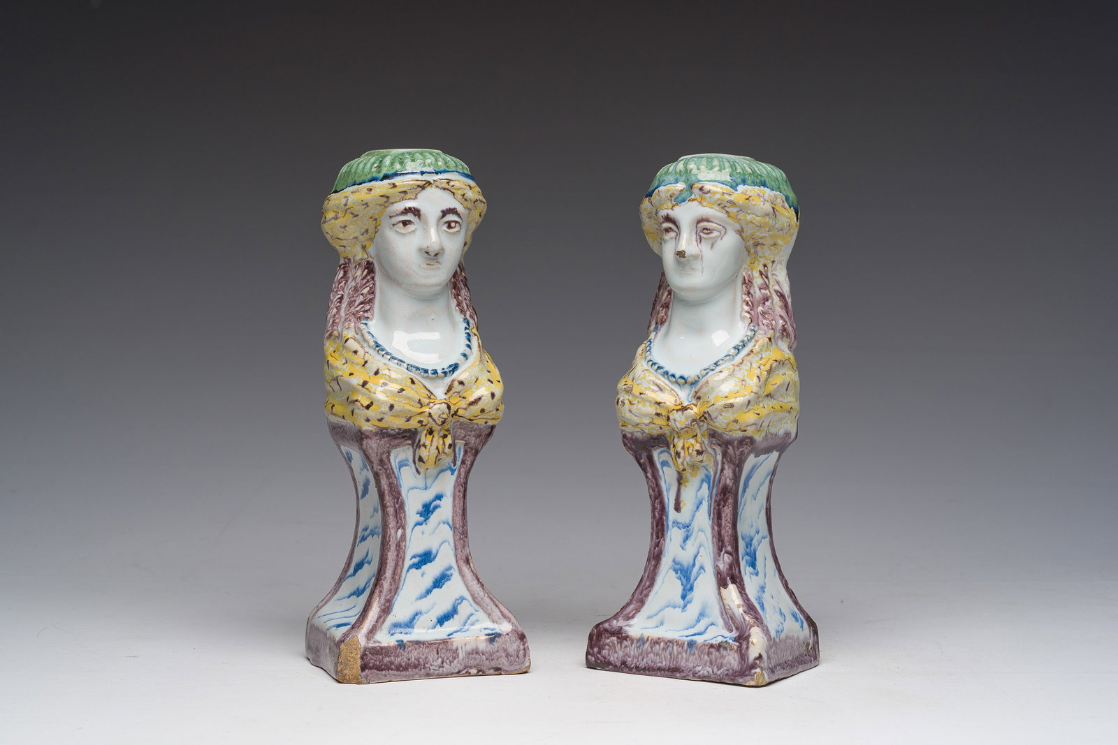 A pair of polychrome pottery women's busts, North of France, 18th C. (1 of 10)