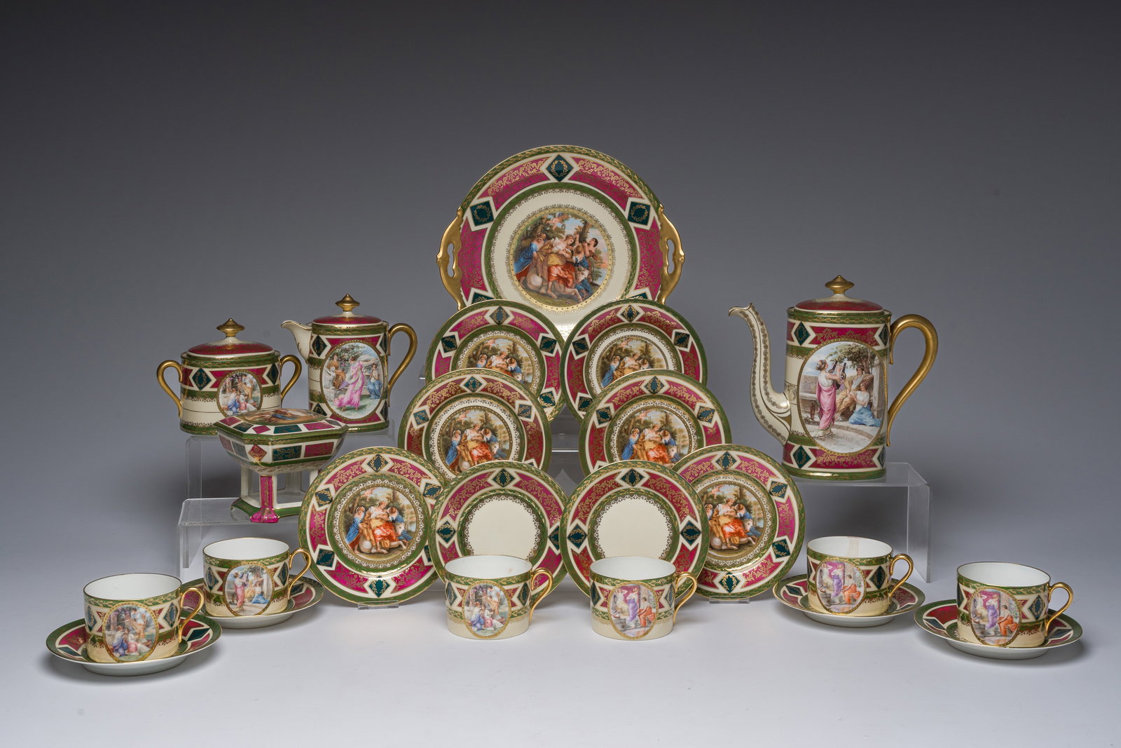 A 23-piece polychrome porcelain Viennese style coffee set with 'Europa and the Bull' and muses, 20th (1 of 16)