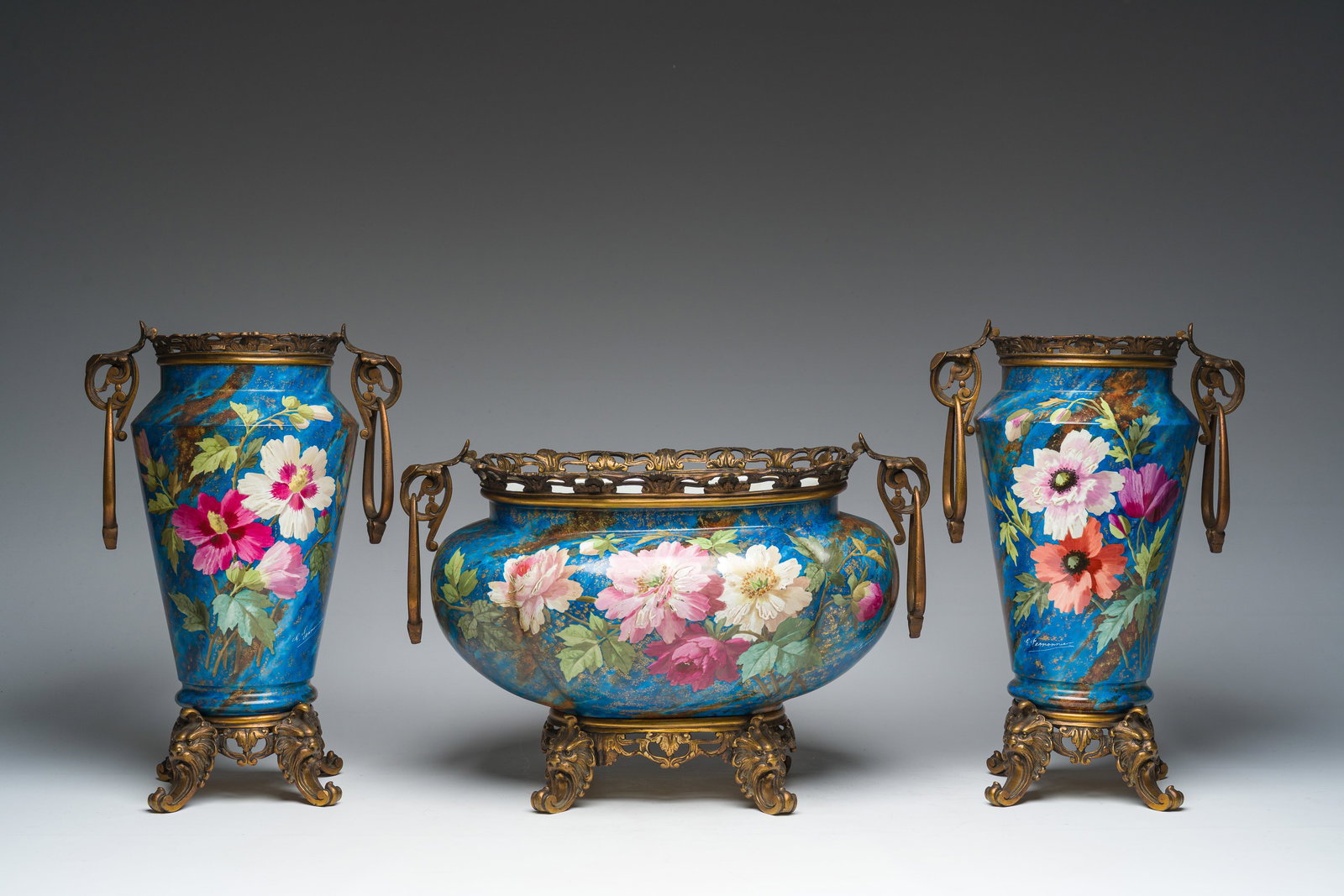A French three-piece polychrome faience fine bronze mounted garniture with floral design, Creil (1 of 9)