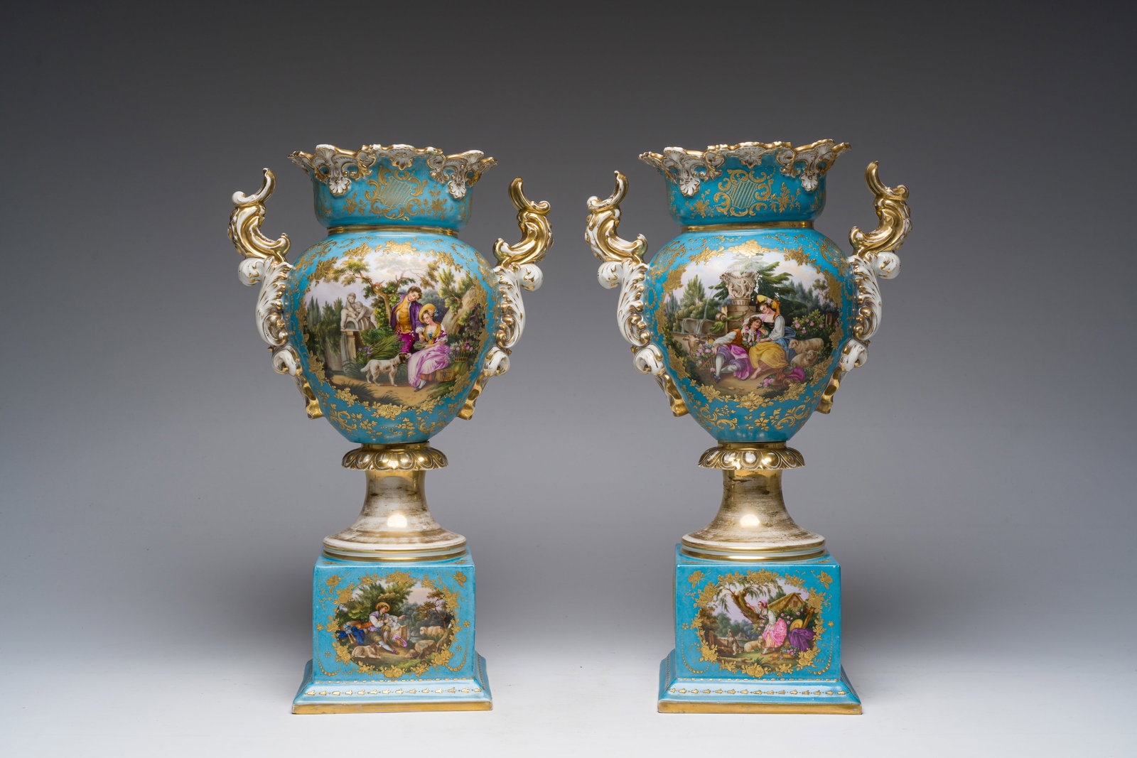 A pair of French turquoise-ground vases in gilt and polychrome old Paris porcelain with floral (1 of 6)