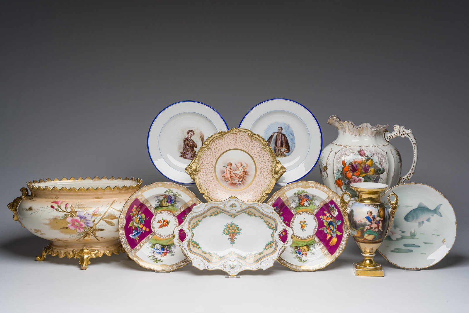 A varied collection of European polychrome and gilt decorated porcelain, 19th/20th C. (1 of 6)