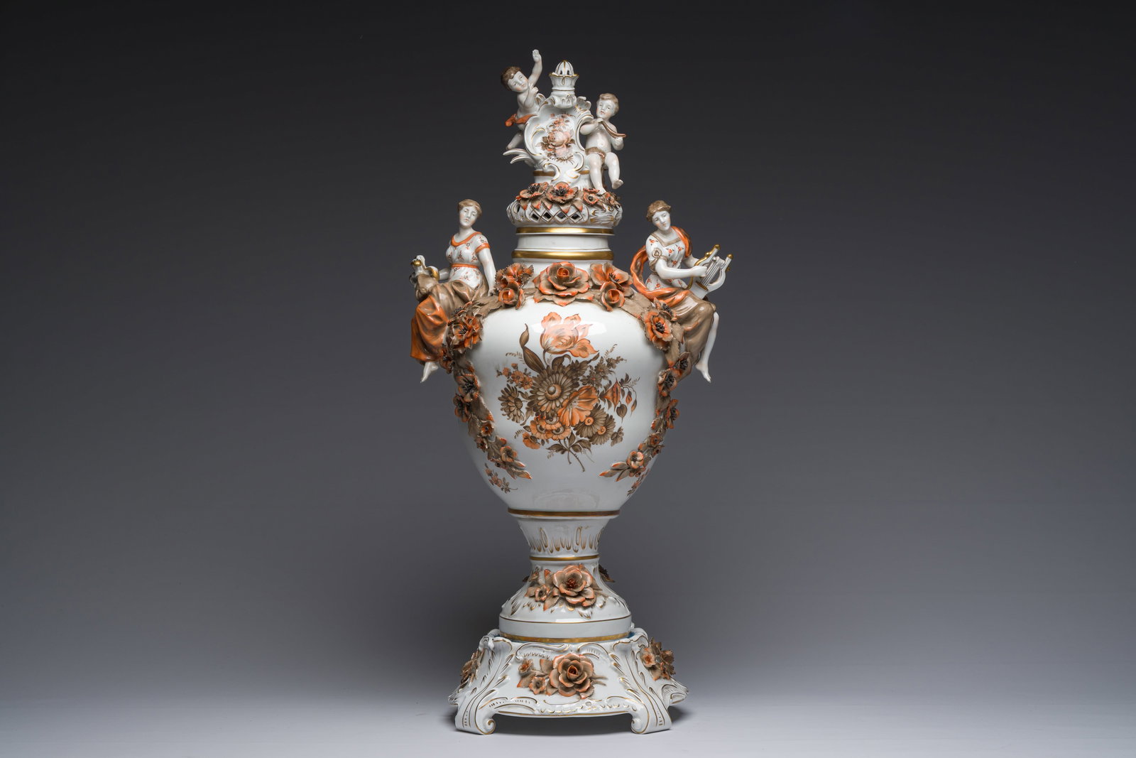 A large German polychrome and gilt decorated Saxon porcelain vase and cover on foot with relief (1 of 20)