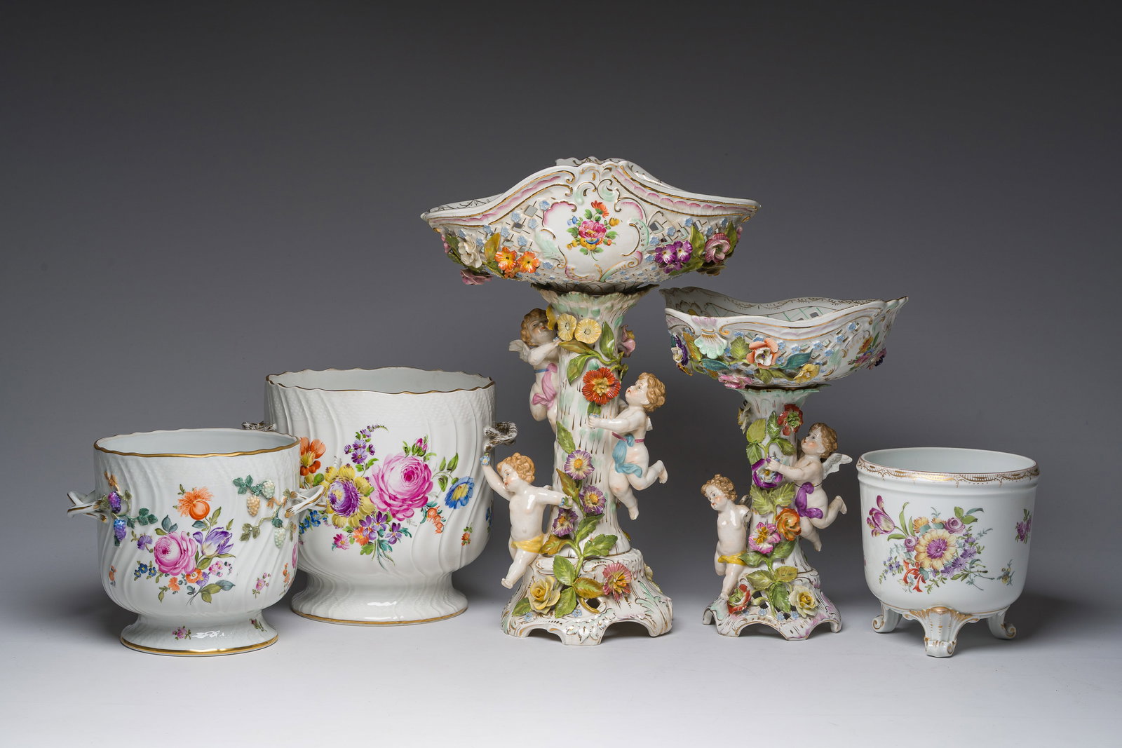 Three coolers and two table centrepieces in polychrome decorated and gilt Saxon porcelain with (1 of 16)