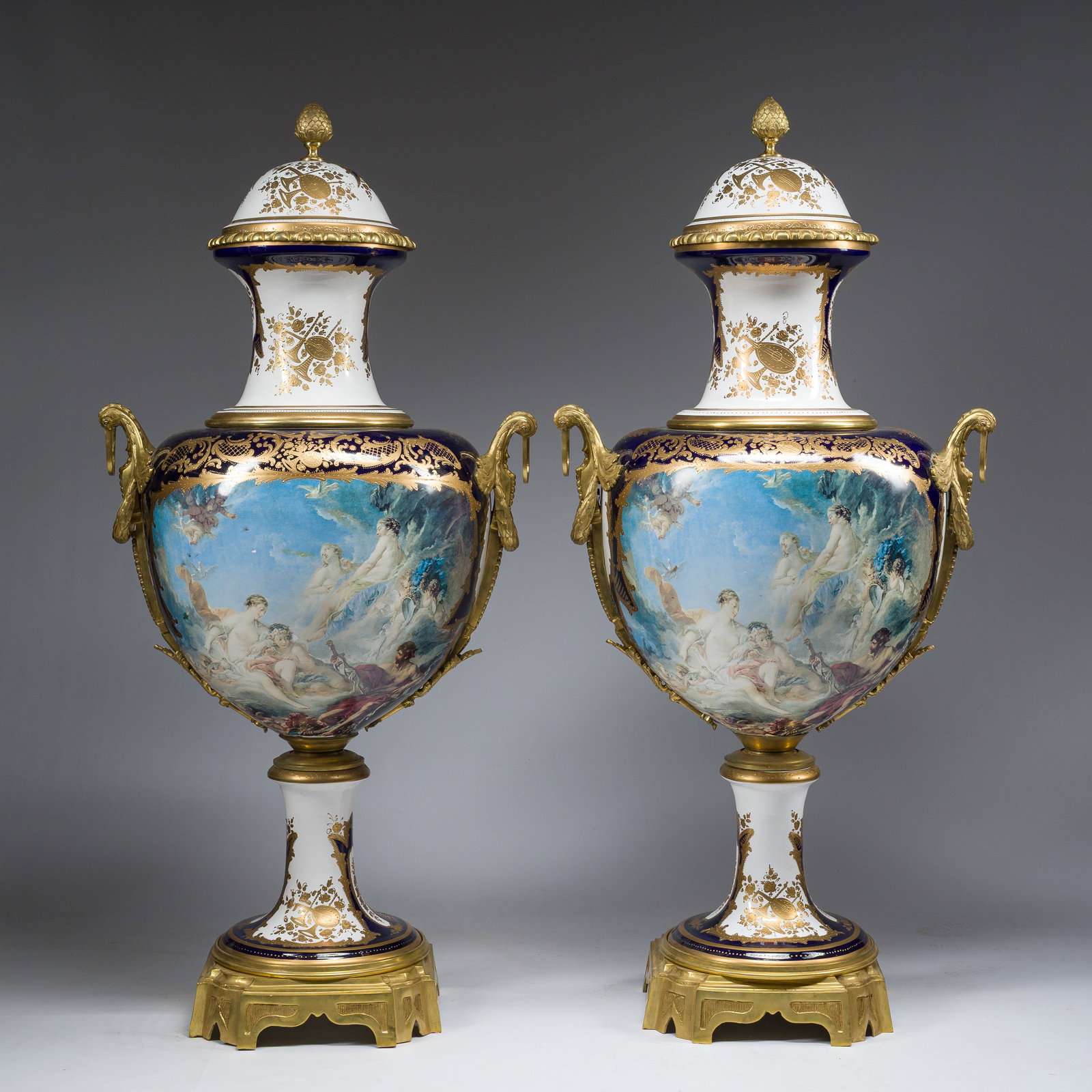 A pair of impressive large Sevres style porcelain vases with gilt mounts, 20th C. (1 of 20)