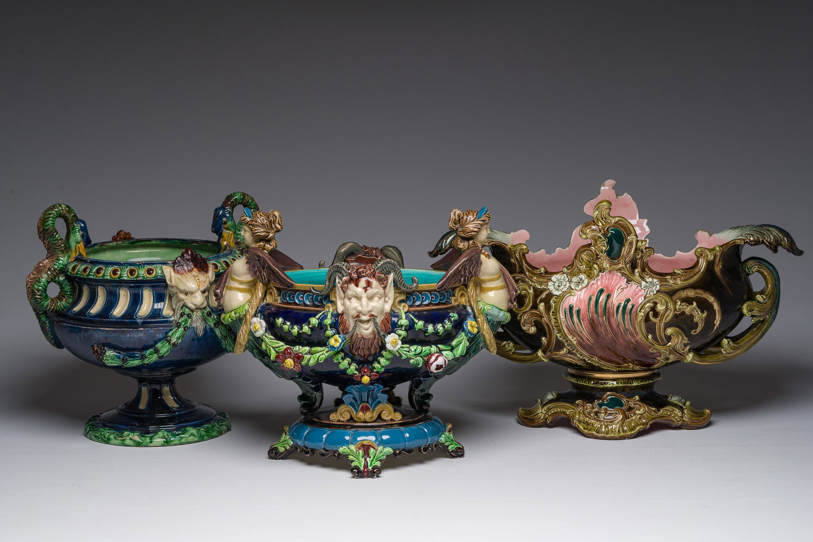 Three various polychrome maiolica jardinieres, a.o. Bohemia and Germany, 19th/20th C. (1 of 16)