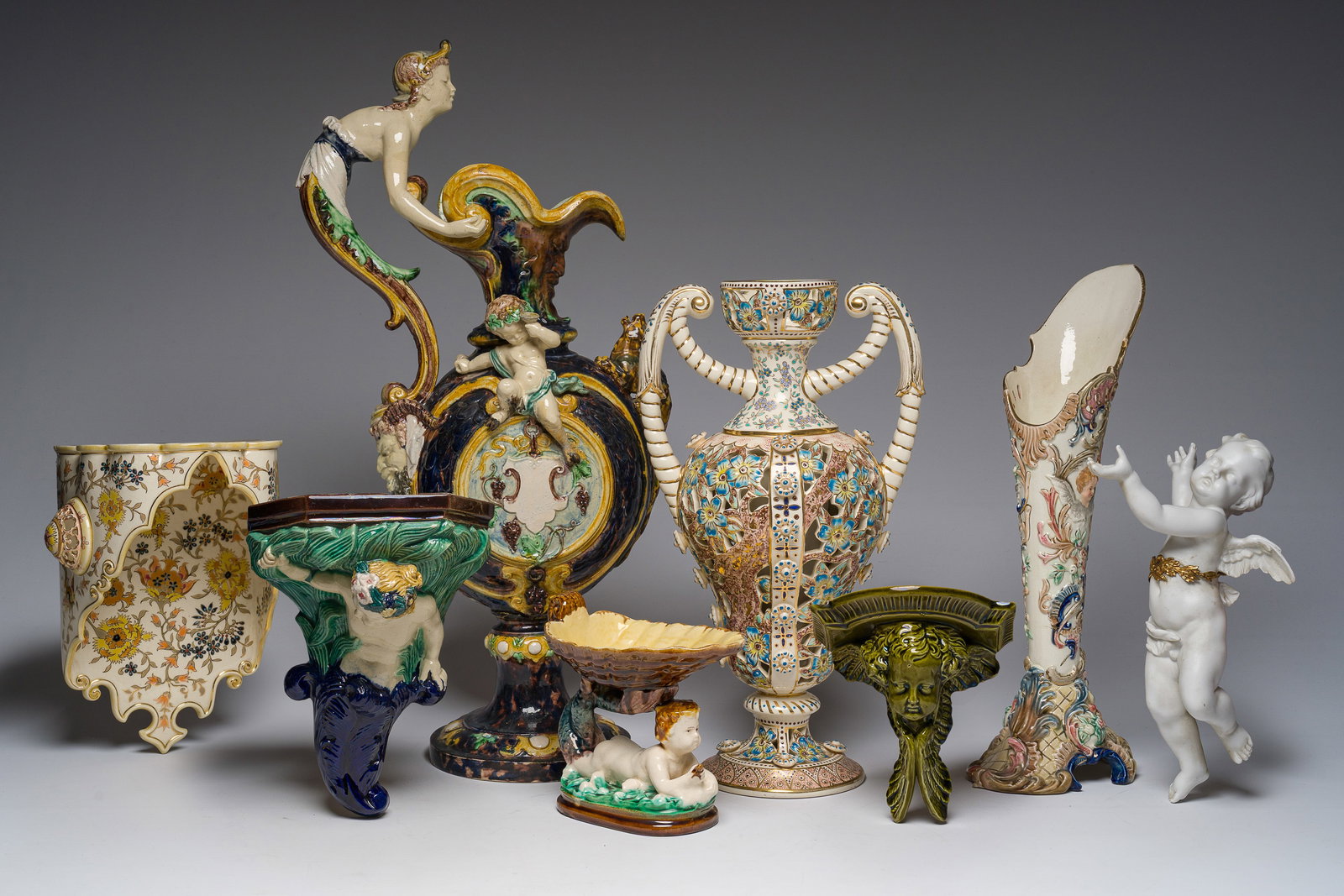 A varied collection of European ceramics in maiolica, porcelain and biscuit, various origins, (1 of 7)