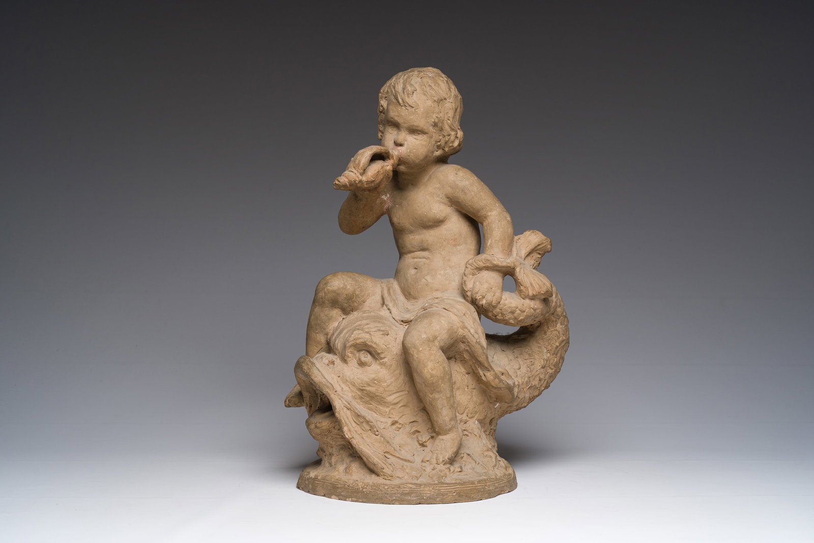 French school: Triton on a dolphin, patinated terracotta, 19th C. (1 of 10)