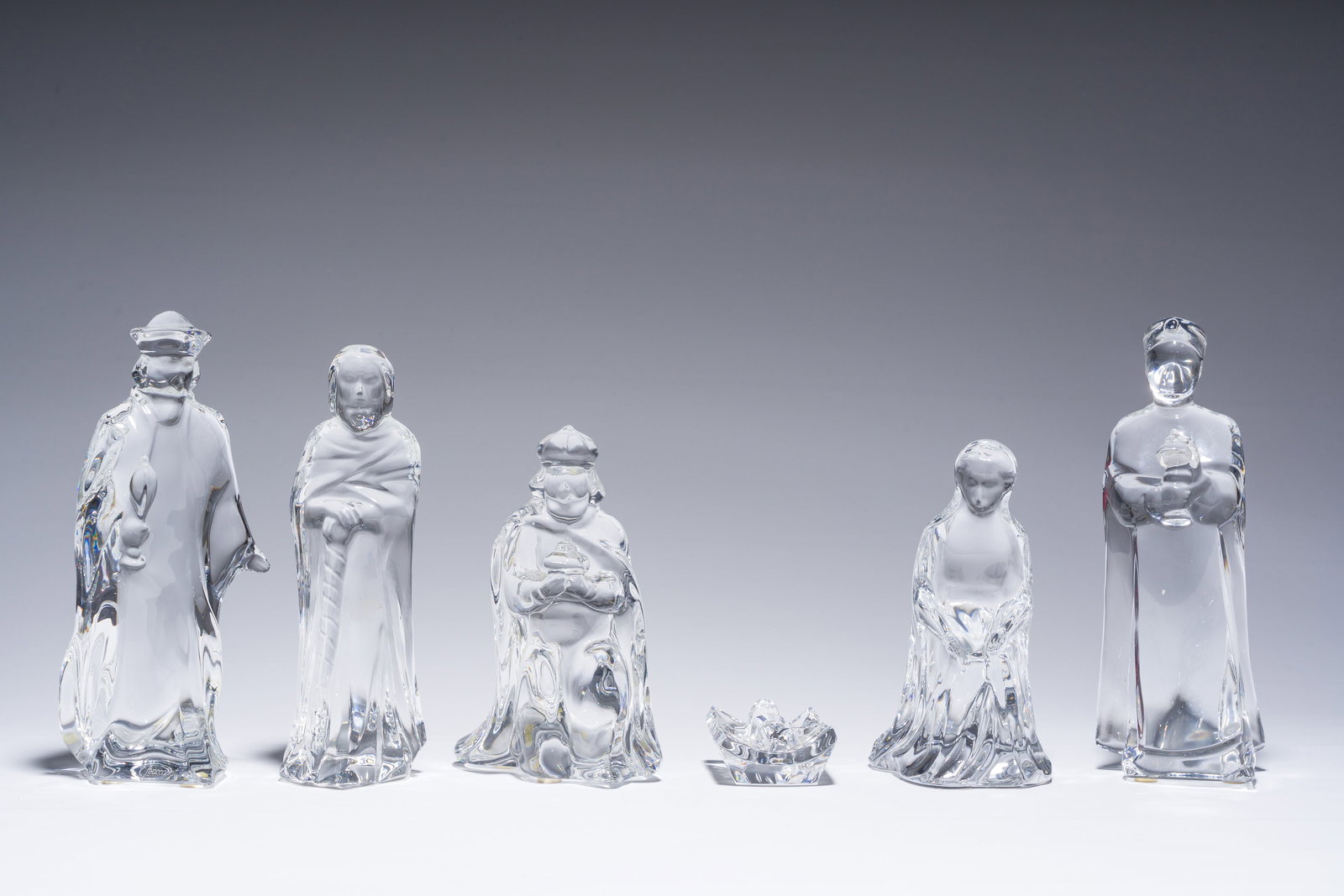 A French six-piece Baccarat crystal nativity set consisting of Mary, Joseph, Jesus and the three (1 of 11)