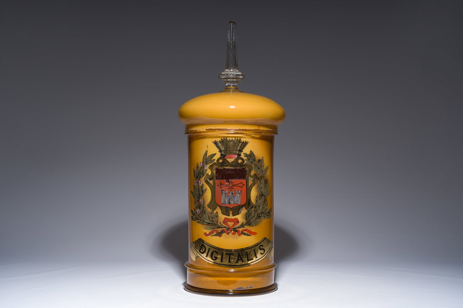 A large French reverse painted glass 'Digitalis' apothecary jar, Cordes, ca. 1900 (1 of 6)