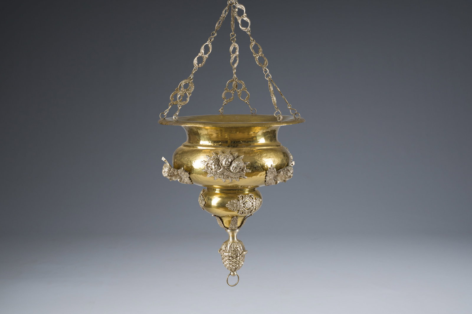 A Gothic revival partially silver-plated brass 'angels' sanctuary lamp, ca. 1900 (1 of 9)
