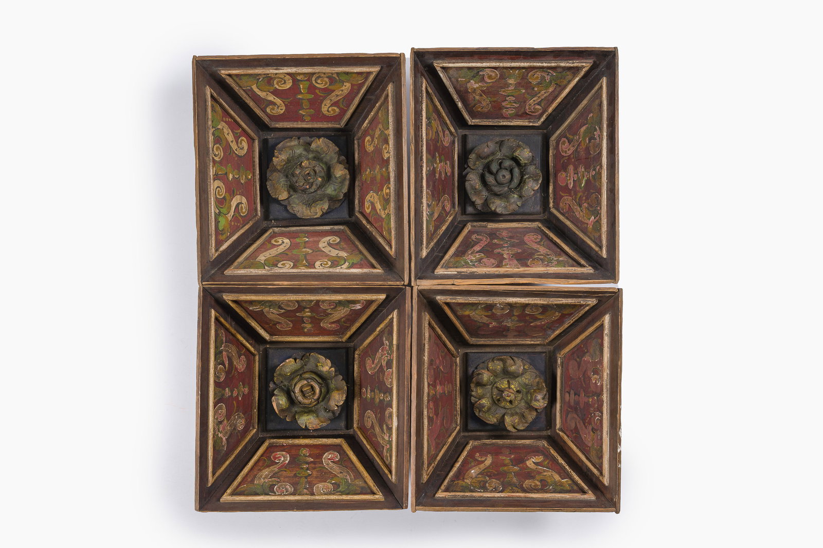 Four Gothic revival polychrome decorated wooden ceiling tiles, 19th/20th C. (1 of 2)