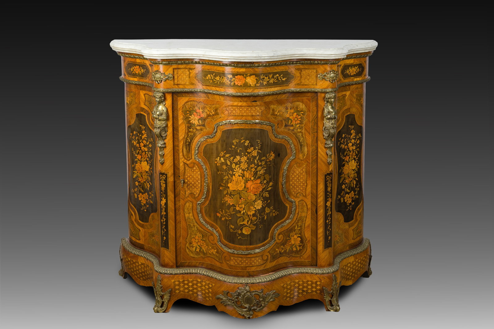 A French bombe gilt bronze mounted marquetry single-door cabinet with inlay in various woods and a (1 of 15)