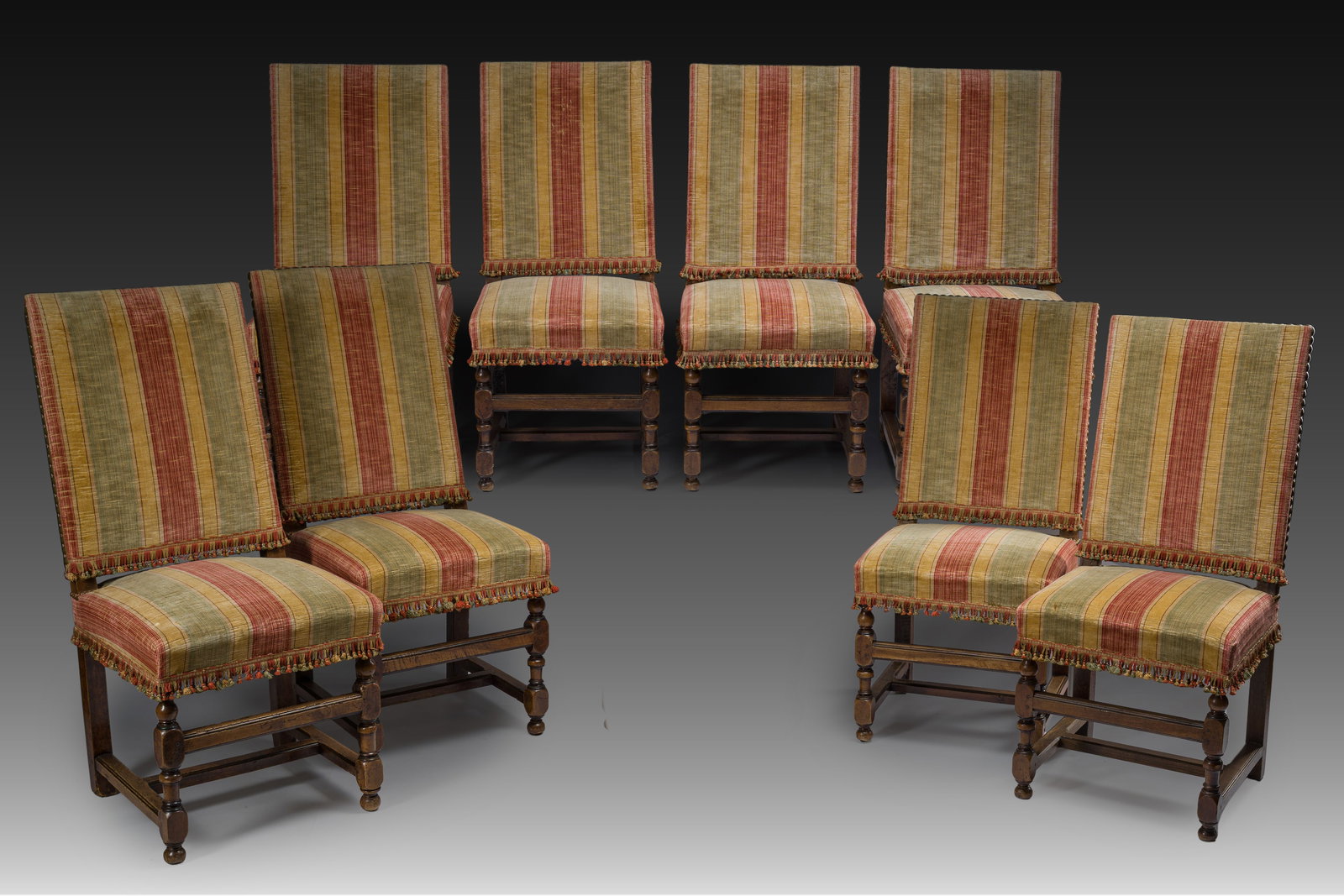 Eight French carved walnut chairs with striped upholstery, 17th C. and later (1 of 5)