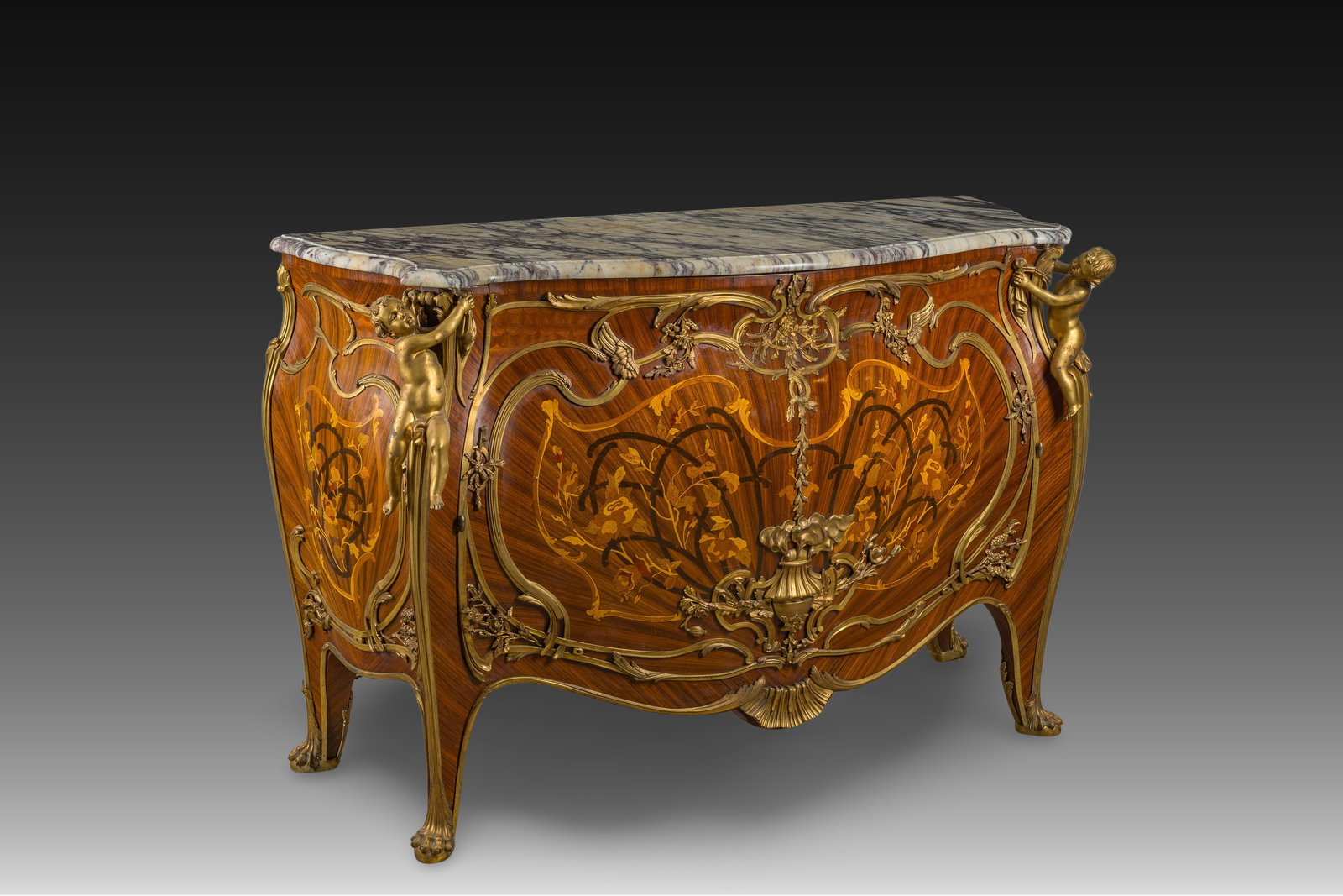 An impressive French style gilt bronze mounted two-door chest of drawers with floral marquetry and a (1 of 13)