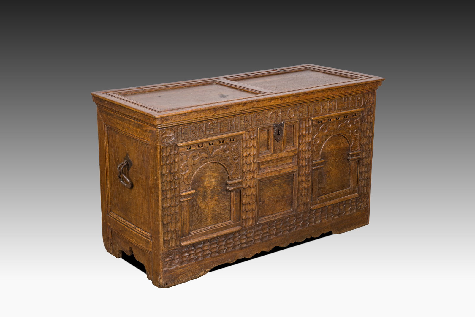 An inscribed German oak chest with two arches, 18th C. (1 of 6)
