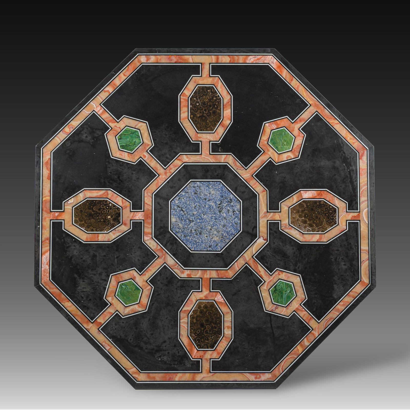 A large octagonal Italian pietra dura table top with geometric design, 20th C. (1 of 4)
