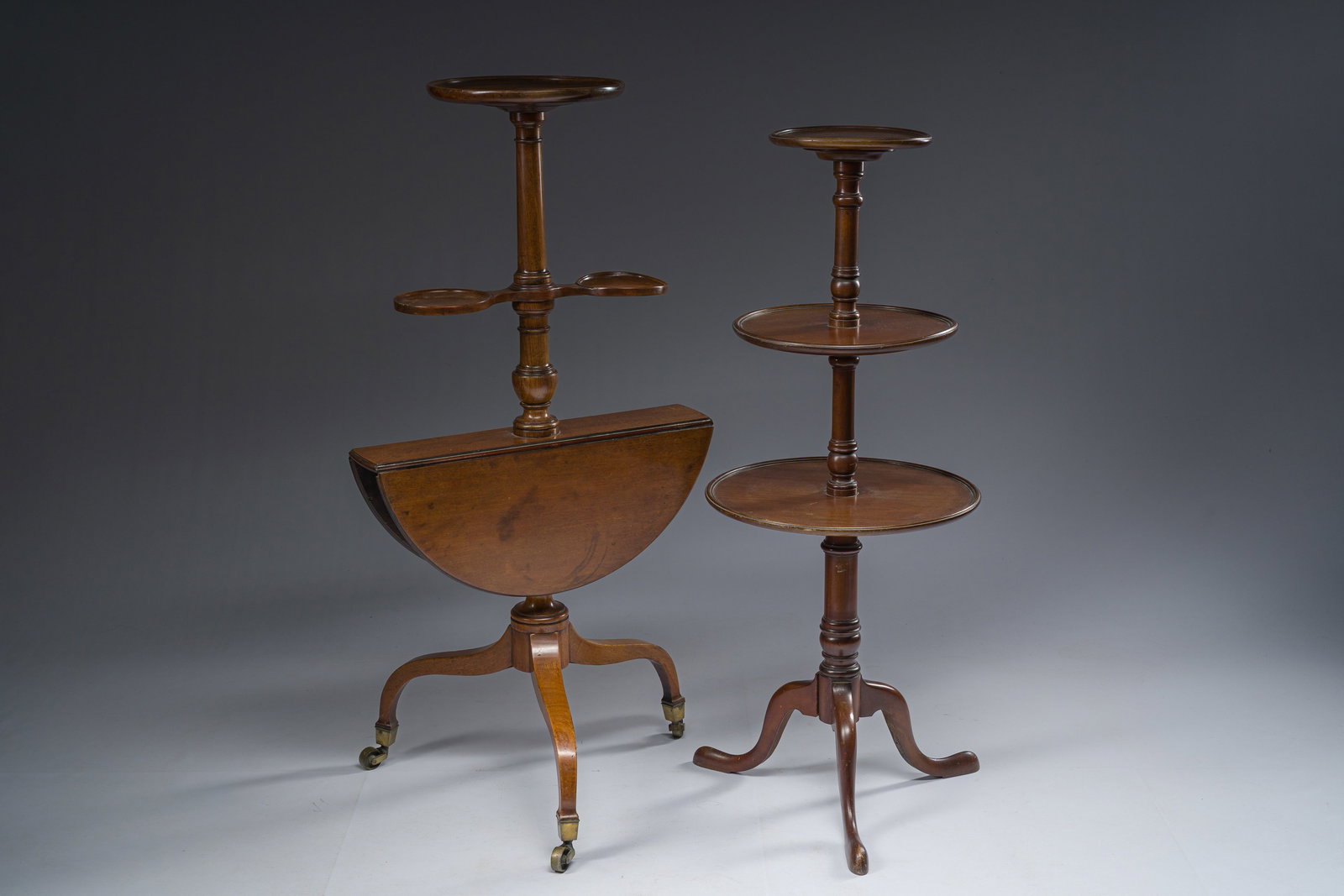 Two English mahogany three-tier dumbwaiters, 19th/20th C. (1 of 8)
