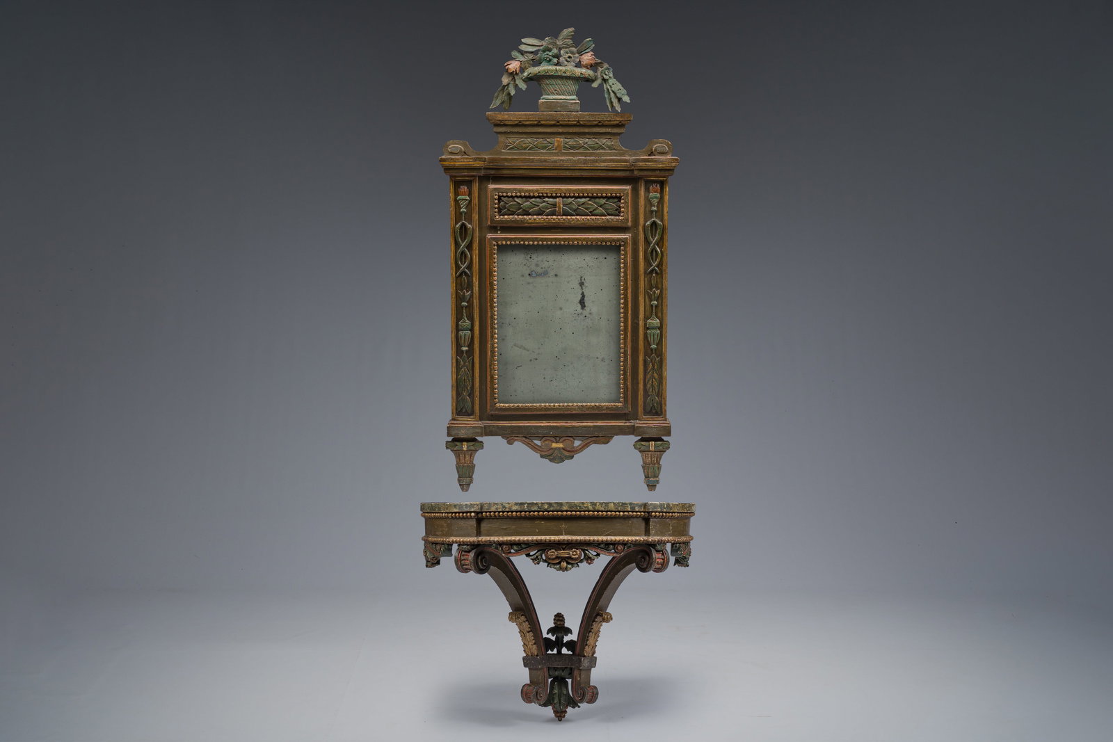 A French carved and polychrome decorated wooden Louis XVI console table with mirror, late 18th C. (1 of 11)