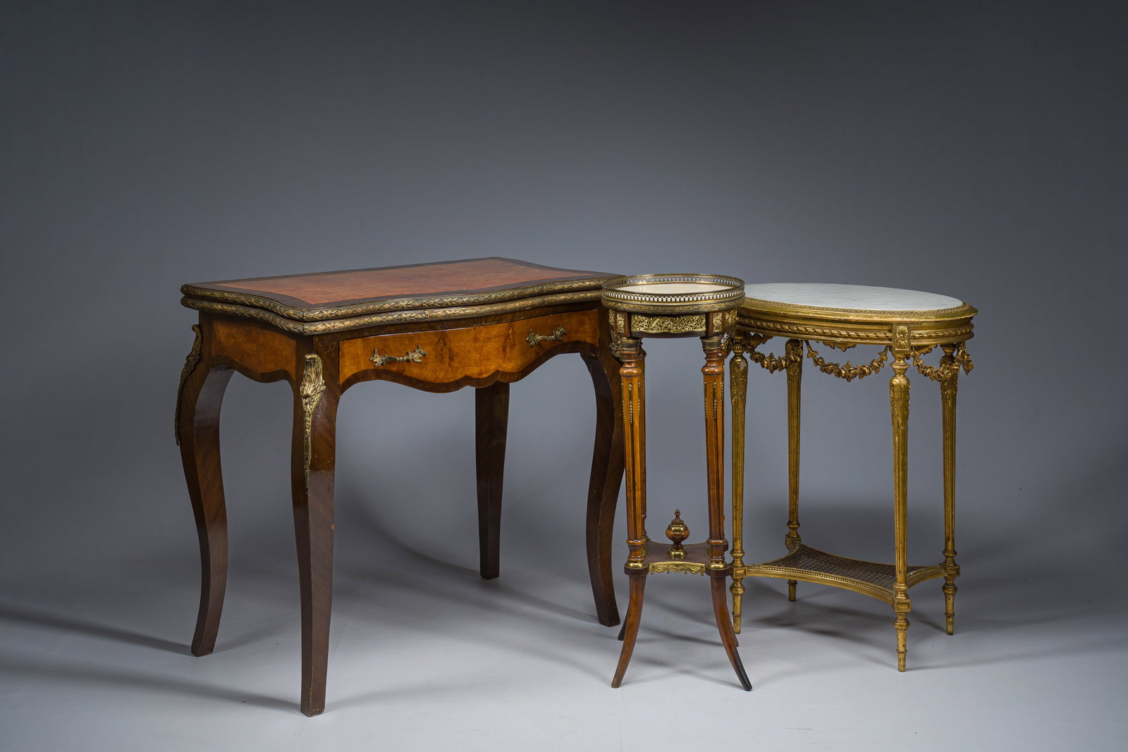A French wooden gaming table and two side tables, 19th/20th C. (1 of 20)