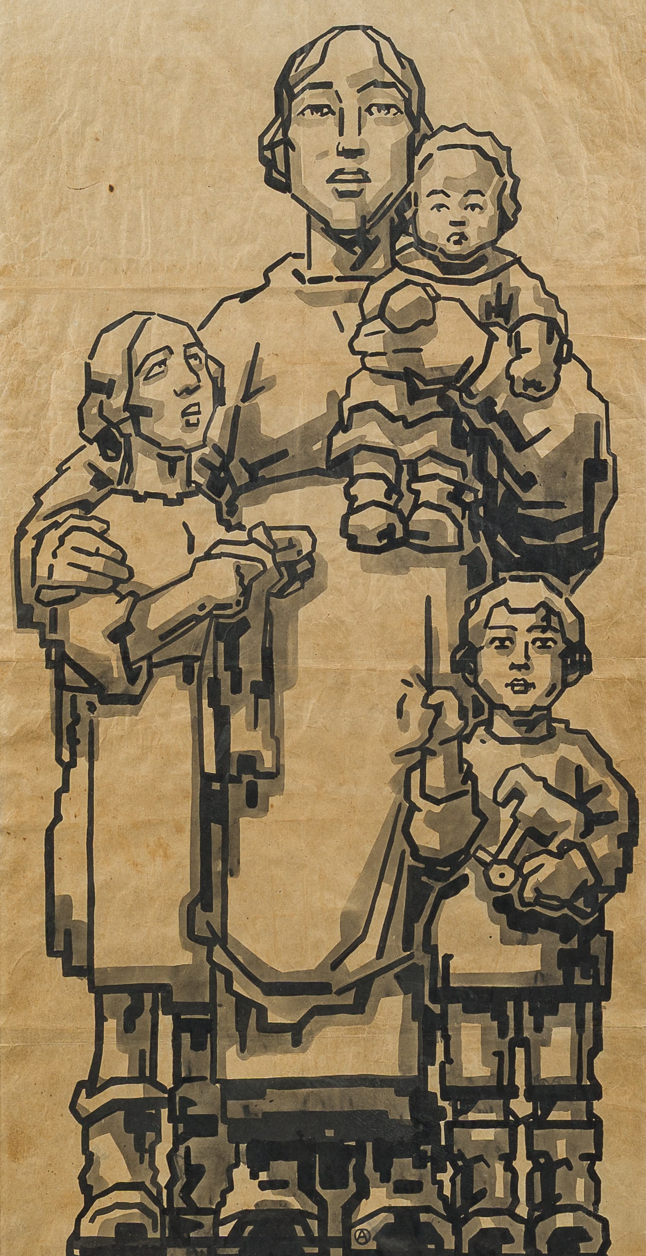 Alfred Ost (1884-1945): Mother with her three children, Chinese ink and wash on paper (1 of 5)
