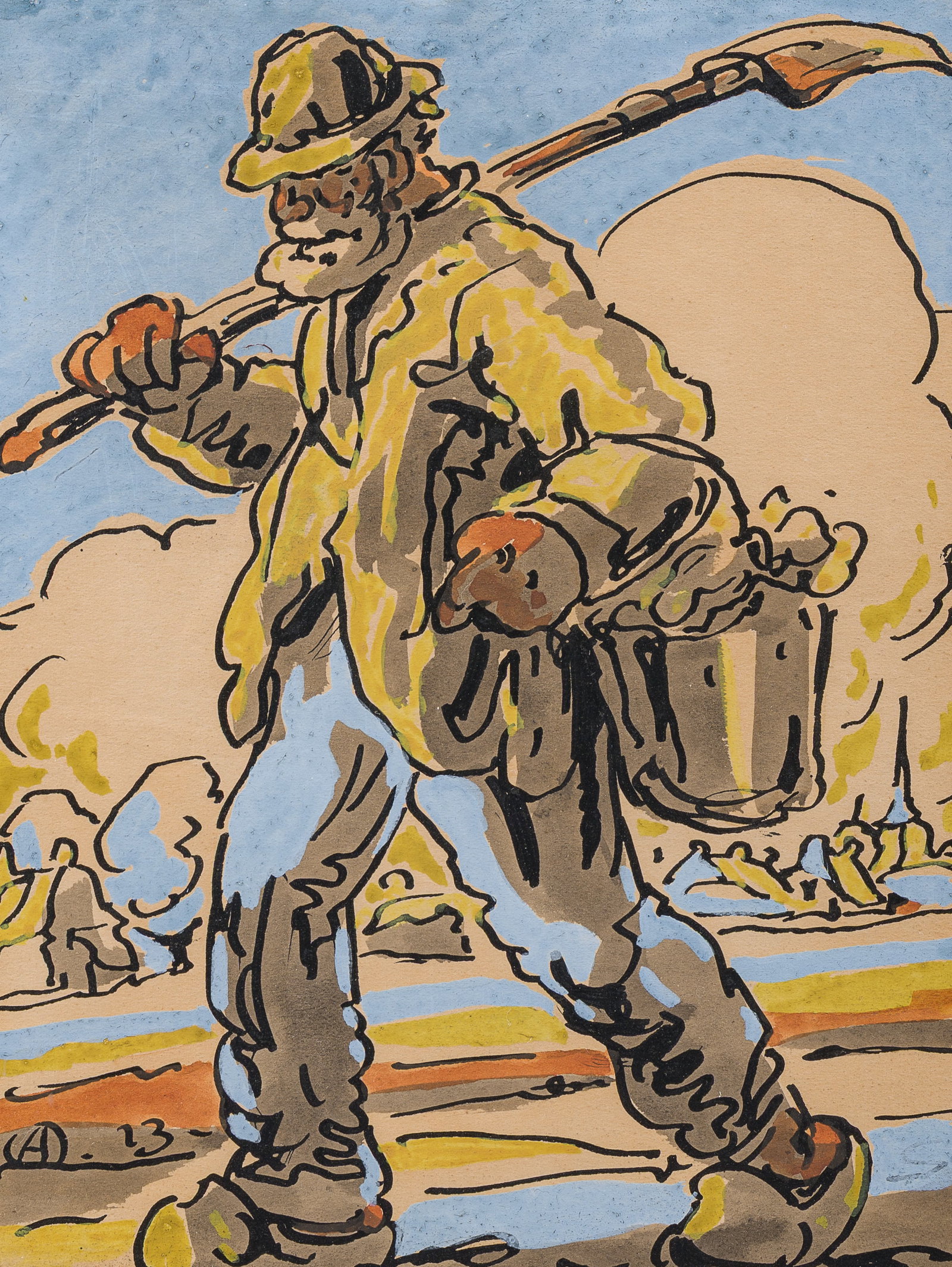 Alfred Ost (1884-1945): 'Akkerwaarts', ink and colours on paper, dated (19)13: Alfred Ost (1884-1945): 'Akkerwaarts', ink and colours on paper, dated (19)13 Work: 20,5 x 16 cm Frame: 36,5 x 31 cm Provenance: - Ex-collection Oyen-Soyer, according to a text on the reverse by H. Pu