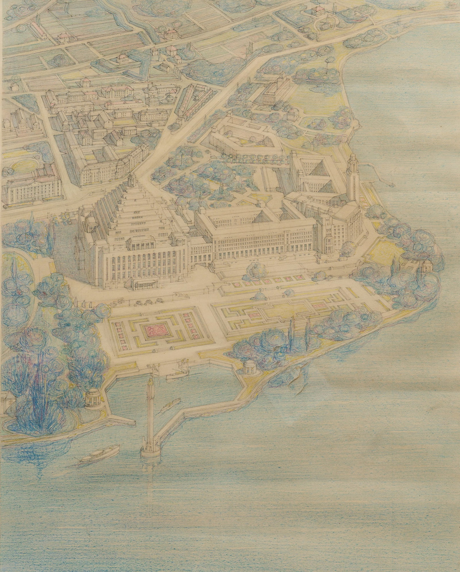 American or European school: Design for a building complex ('Concordia'), pencil and colours on (1 of 4)