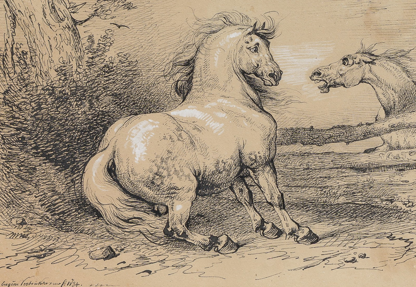 Eugene Verboeckhoven (1798-1881): Horses in a landscape, heightened ink drawing, dated 1834 (1 of 4)