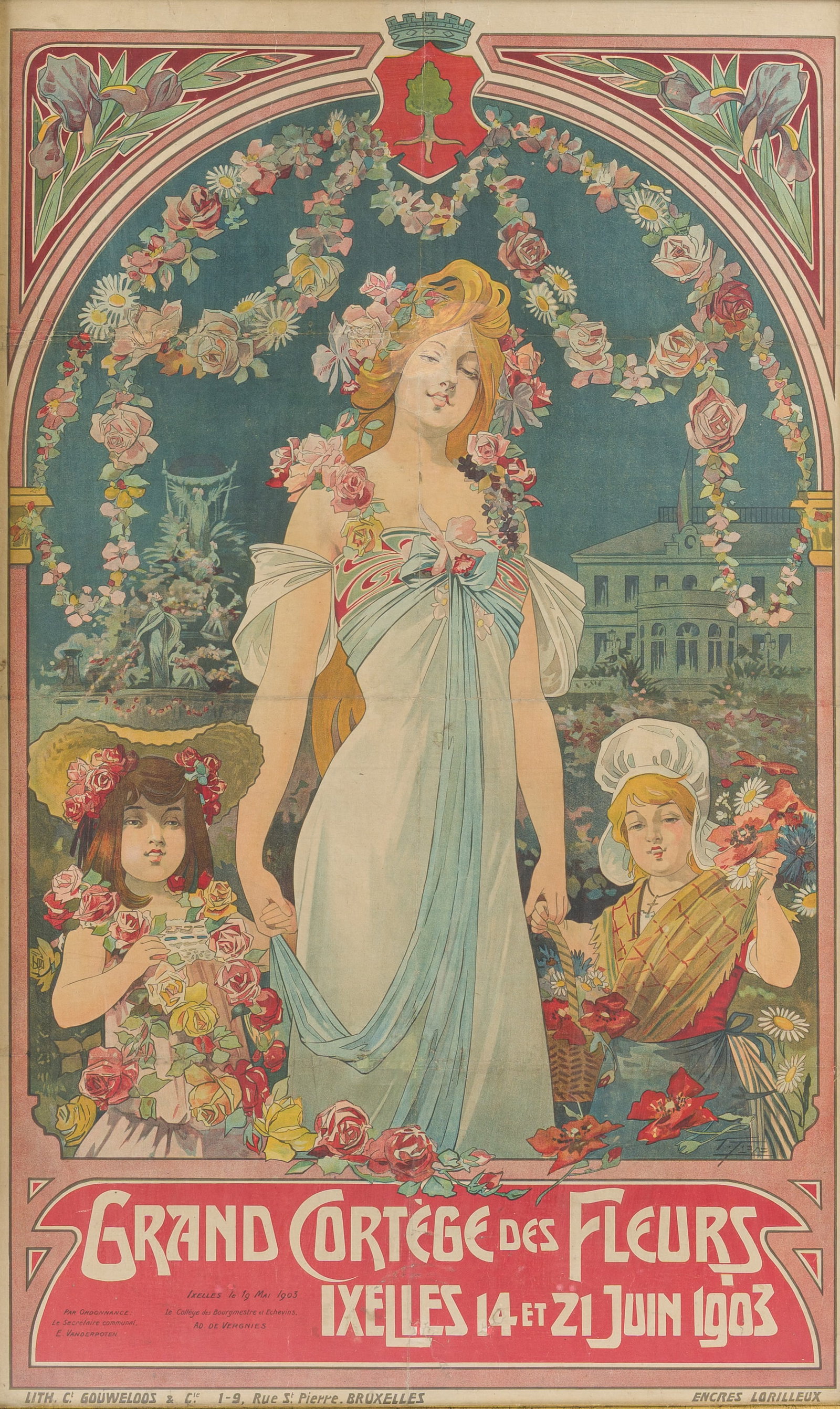 A poster for the 'Grand Cortege des Fleurs' in Ixelles on 14 and 21 June 1903, lith. Ct. Gouweloos (1 of 5)