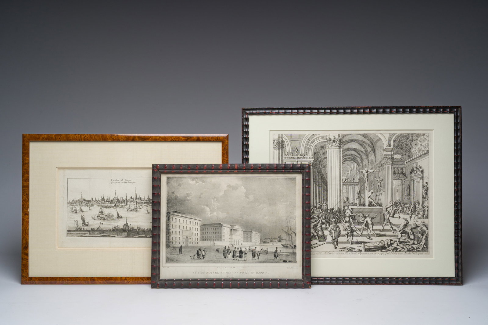 Two framed engravings with views of Antwerp and one of the Great Iconoclasm after Jan Luyken, 19th (1 of 10)