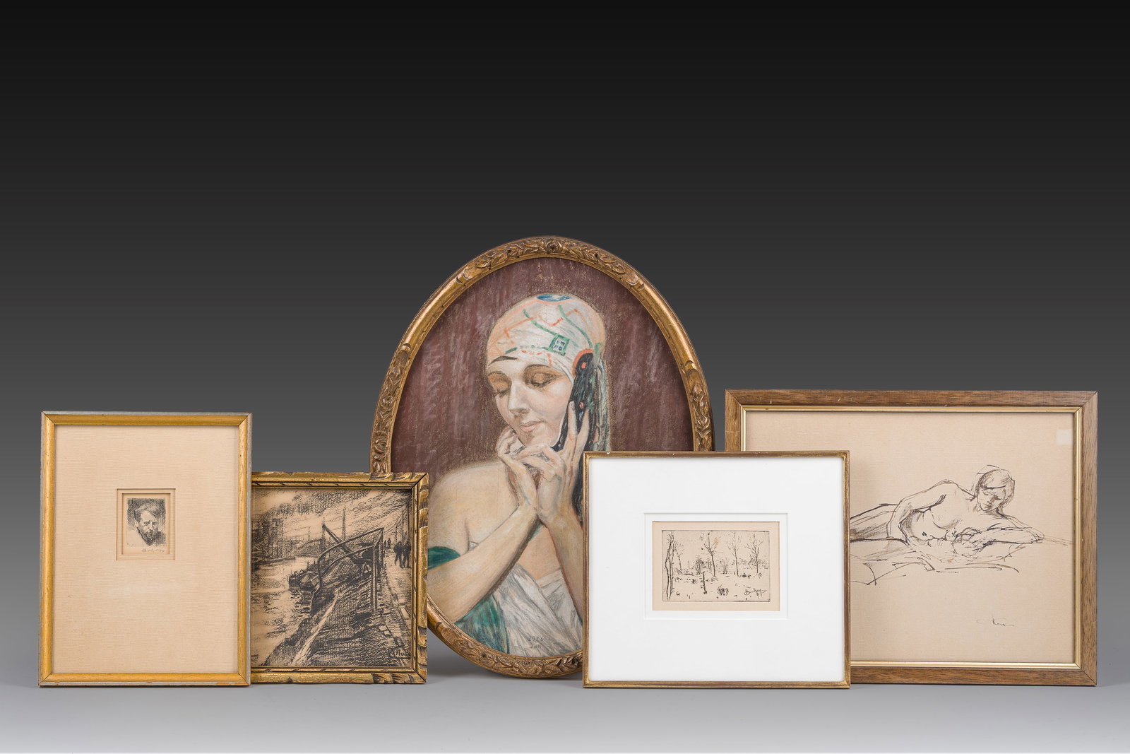 European school: Five various drawings and etchings, mixed media on paper, 20th C.: European school: Five various drawings and etchings, mixed media on paper, 20th C. Work: 38 x 28,5 cm (Jam: Oriental women, pastel on paper, dated 1926) Frame: 42 x 32,5 cm Work: 5,5 x 4,5 cm (Illegib