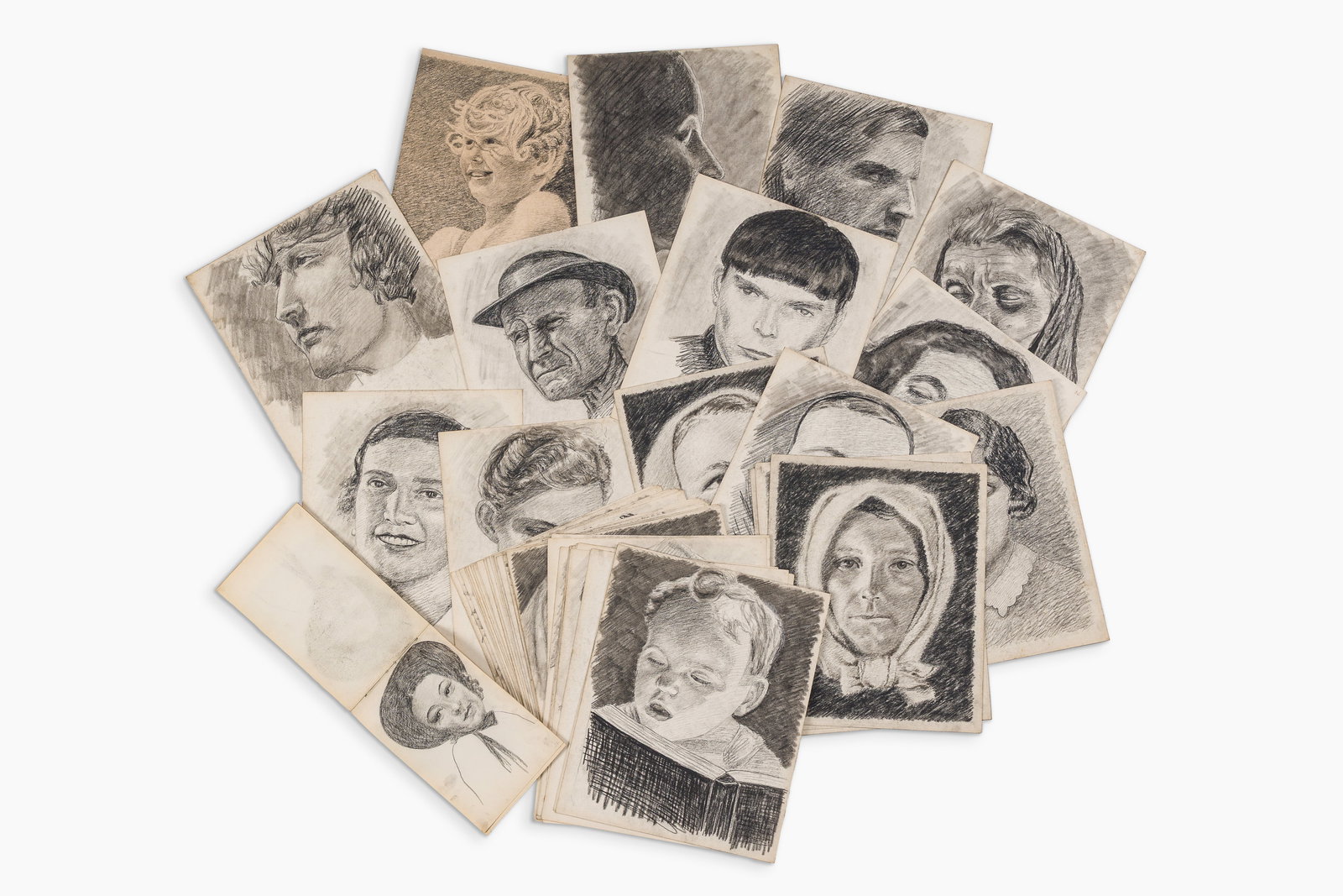 Belgian school: An extensive collection of portrait sketches and a sketchbook, mixed media on paper, (1 of 9)