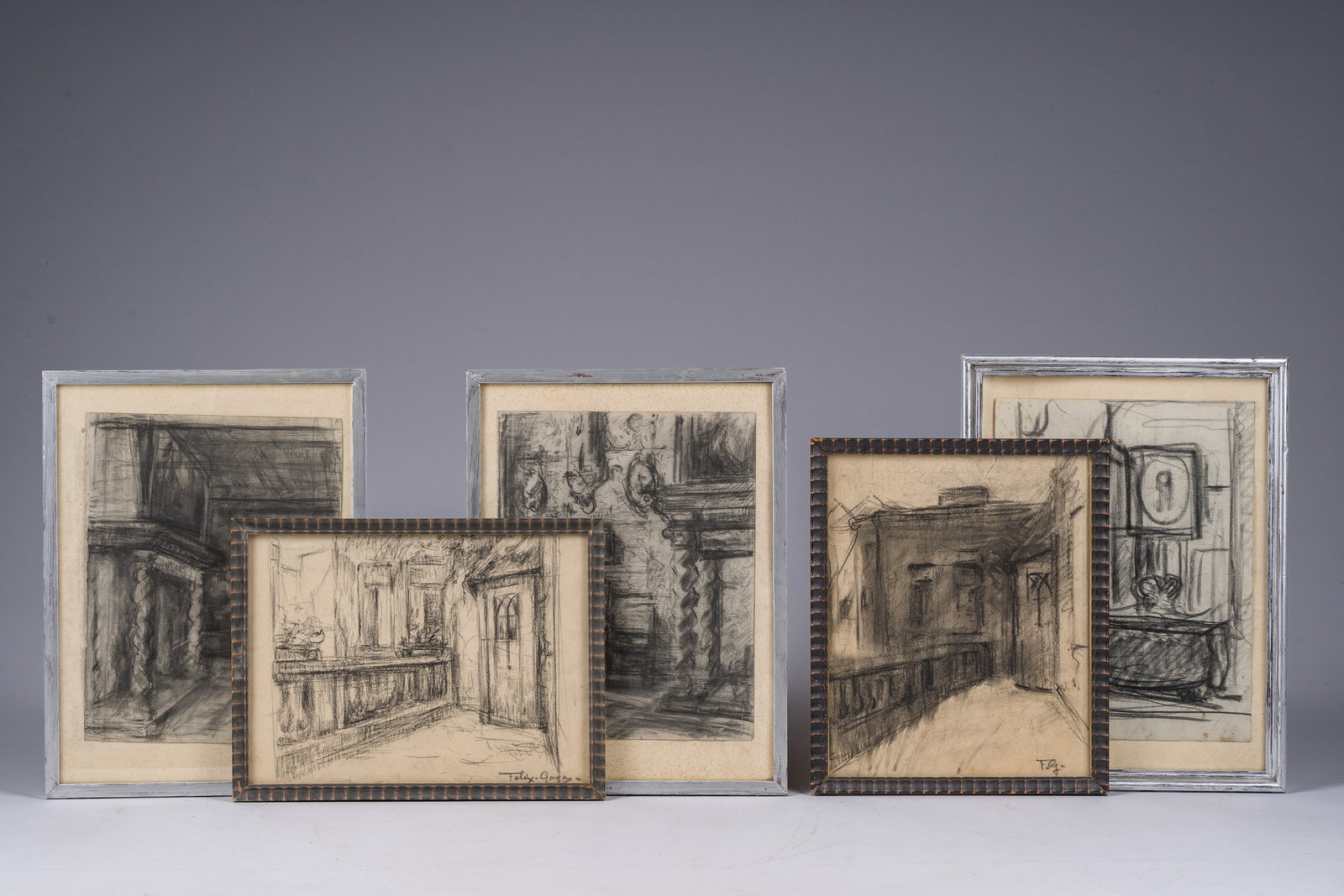 Felix Gogo (1872-1953): Five interiors, charcoal on paper: Felix Gogo (1872-1953): Five interiors, charcoal on paper Work: 27,5 x 20,5 cm (the largest) Frame: 35,5 x 26 cm Work: 26 x 21 cm (the smallest) Frame: 29 x 24 cm