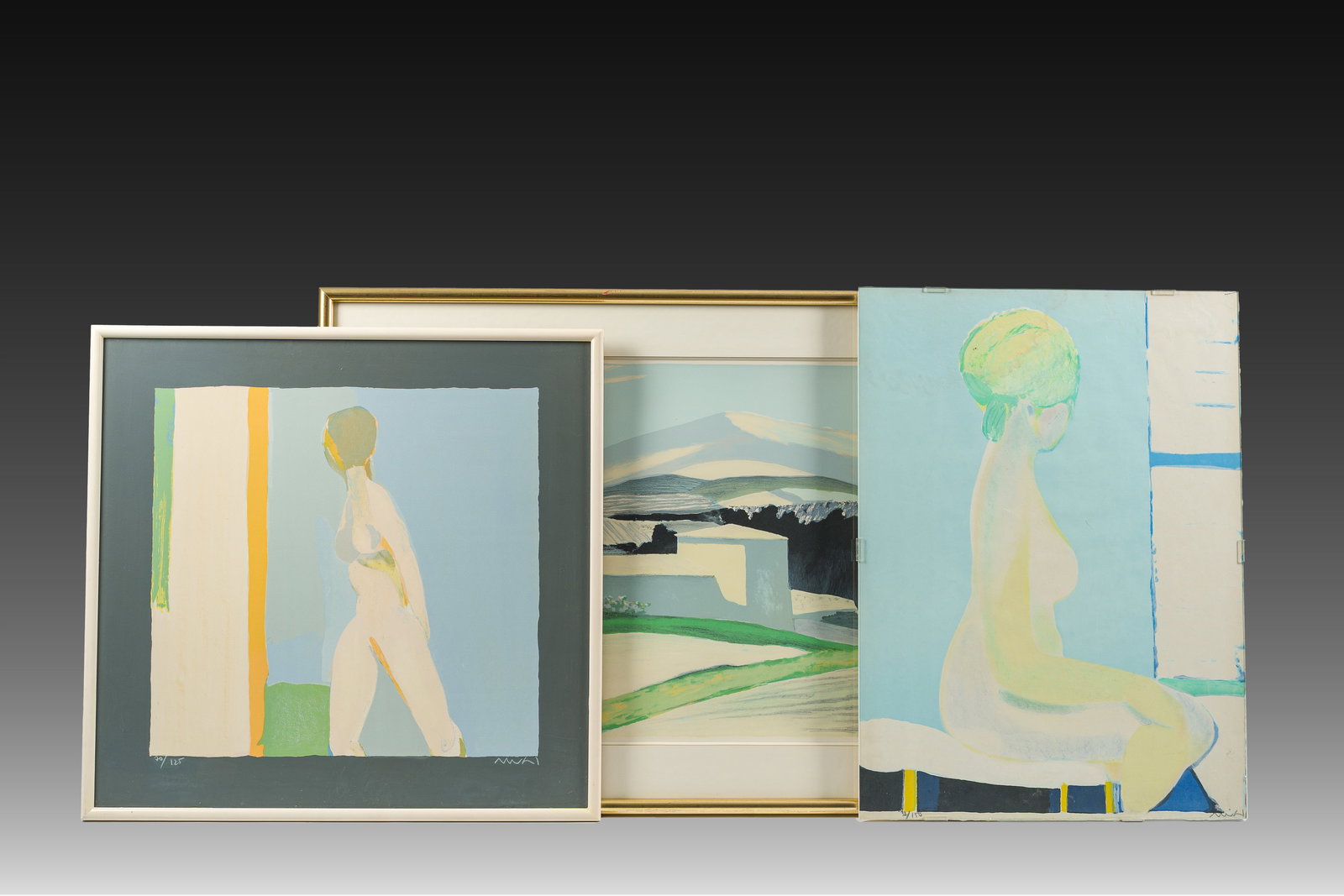 Roger Mühl (1929-2008): Three various colour lithographs, various editions: Roger Mühl (1929-2008): Three various colour lithographs, various editions Work: 71,5 x 51 cm (The landscape, ed. 15/125) Frame: 95 x 72 cm Work: 74 x 53,5 cm (Seated nude in profile, ed. 32/150) Wor