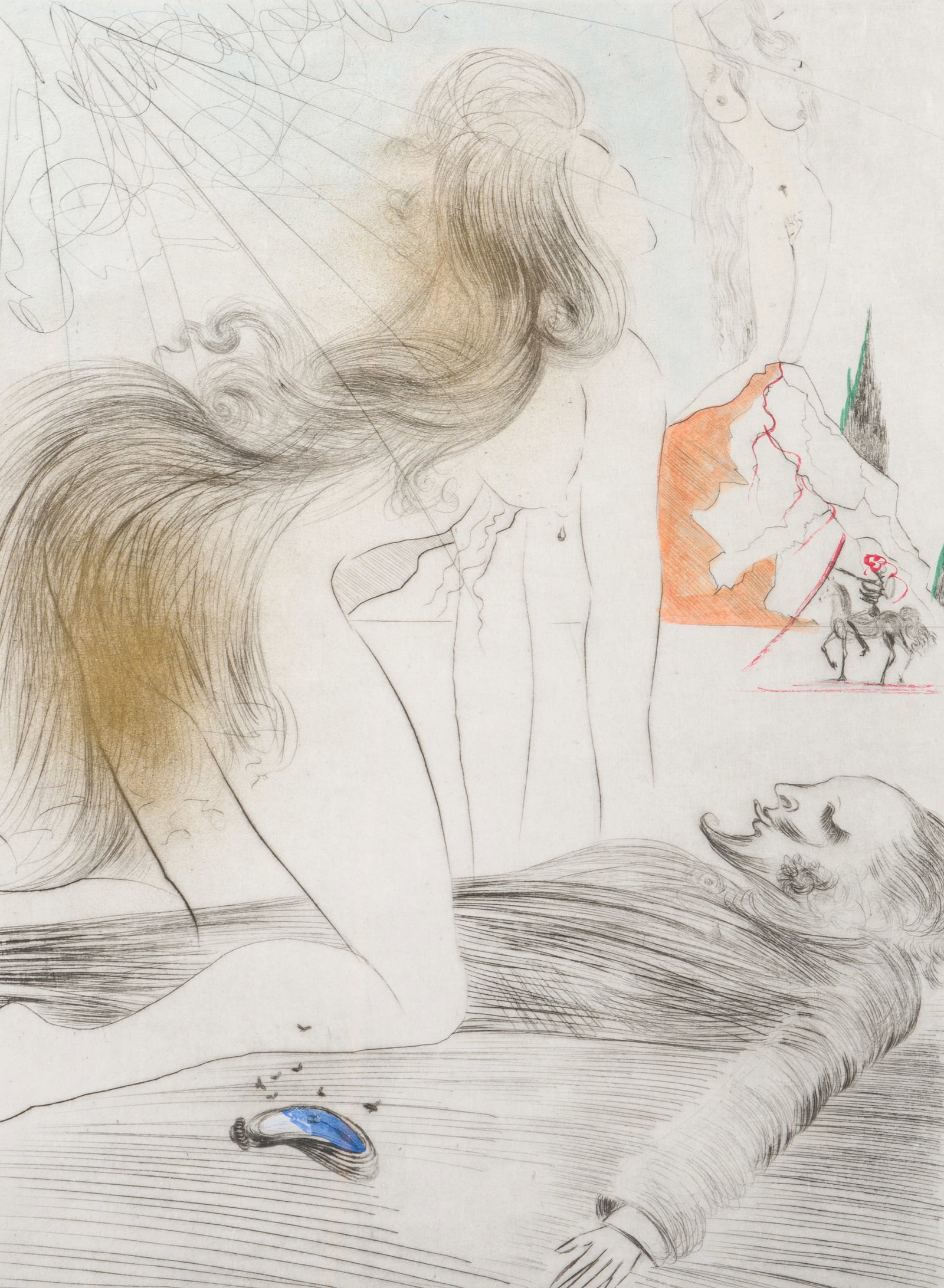 Salvador Dali (1904-1989): 'Femme a genoux', etching heightened with watercolour, ed. E.A., [1969]: Salvador Dali (1904-1989): 'Femme a genoux', etching heightened with watercolour, ed. E.A., [1969] Work: 31,5 x 23,5 cmPaper: ca. 40 x 30 cm Frame: 59,5 x 50 cm From the 'Venus aux fourrures' series. 