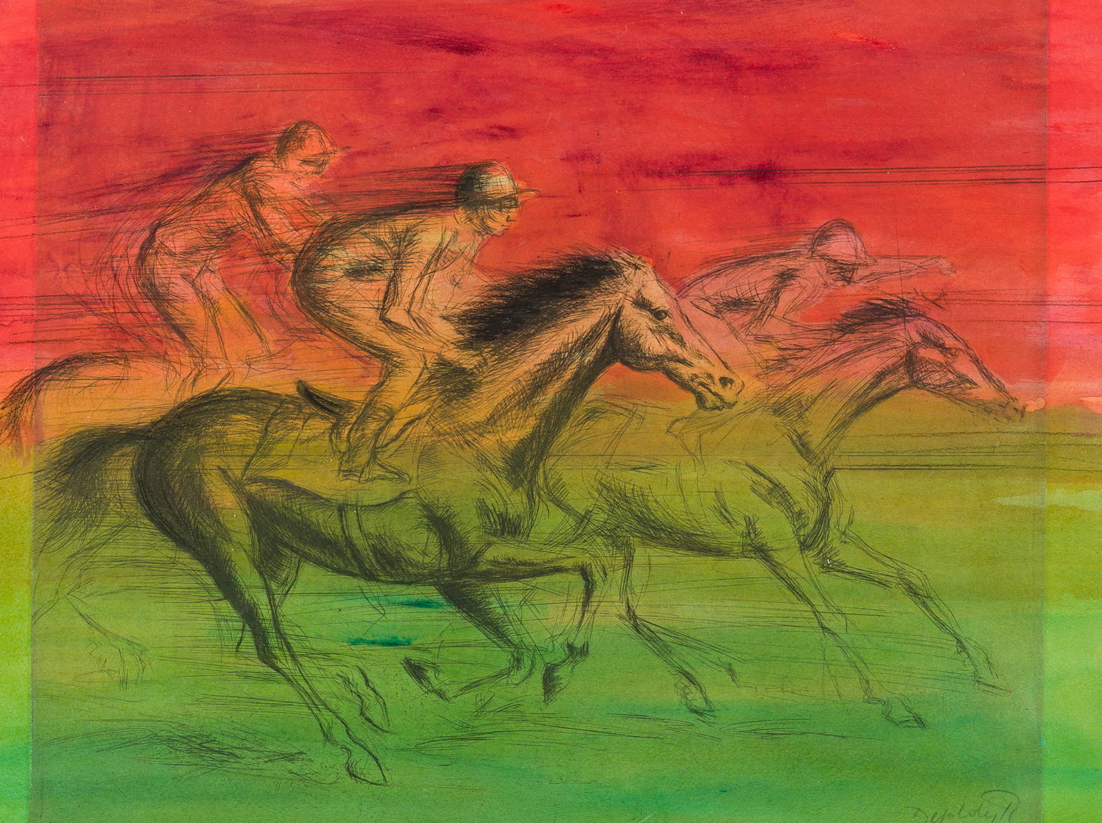Roland Devolder (1938): The jockeys, etching coloured with watercolour on paper (1 of 4)