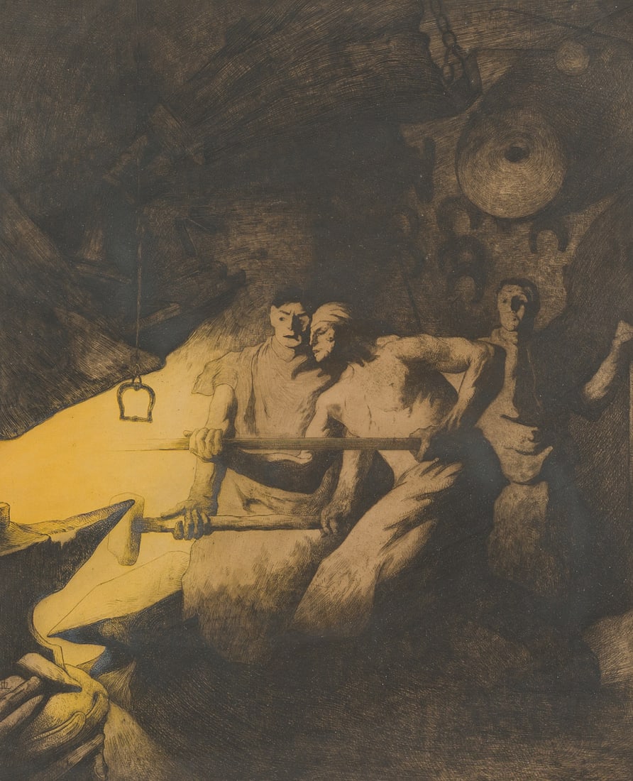 Maurice Langaskens (1884-1946): 'Les charrons', etching, ed. 12/100 (1 of 6)