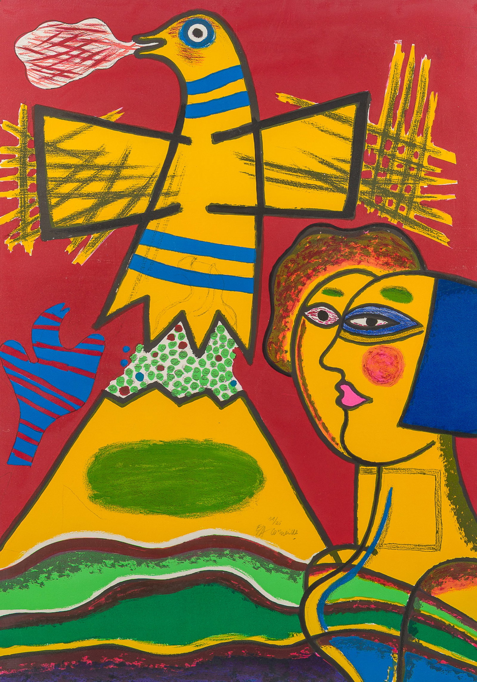 Guillaume Corneille van Beverloo (Corneille, 1922-2010): 'Le grand oiseau au dessus du mont Fuji', (1 of 6)